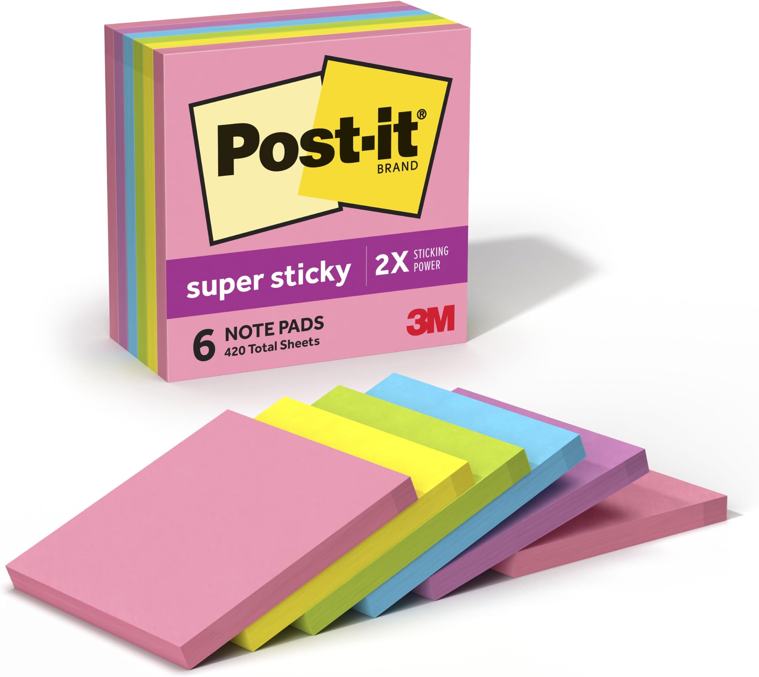 Post-it Super Sticky Notes, 3 x 3 in., Neon Fizz, 6 Pads