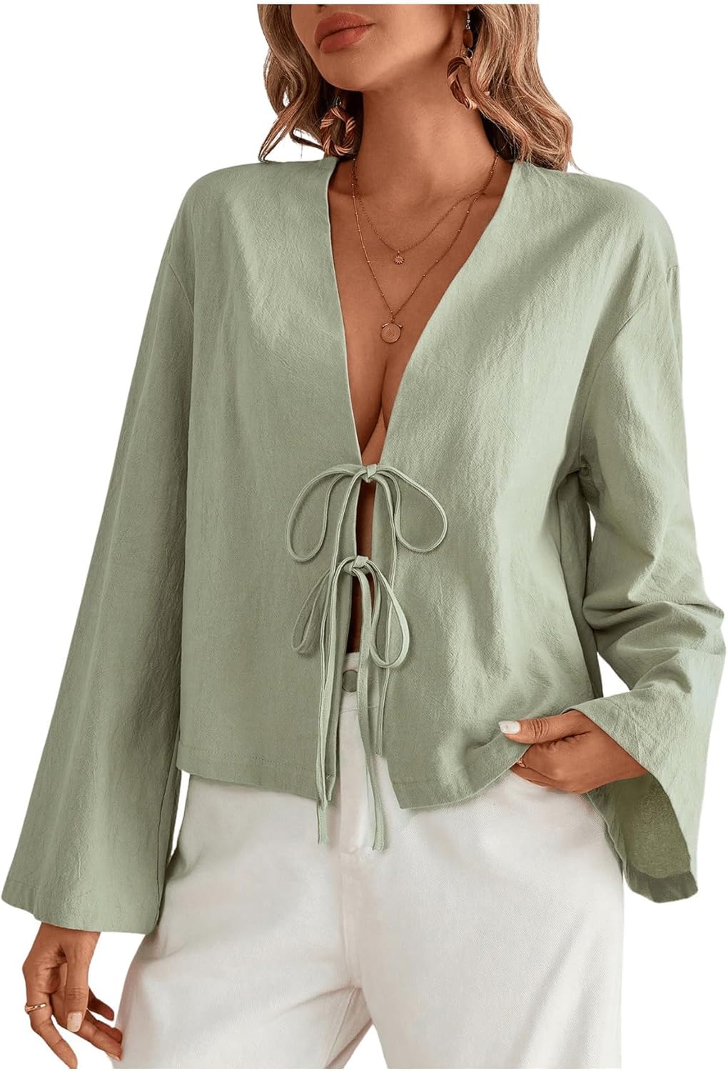 SHENHE Women's Bow Tie Front Shirts Casual Long Sleeve V Neck Loose Blouse Tops - Image 5