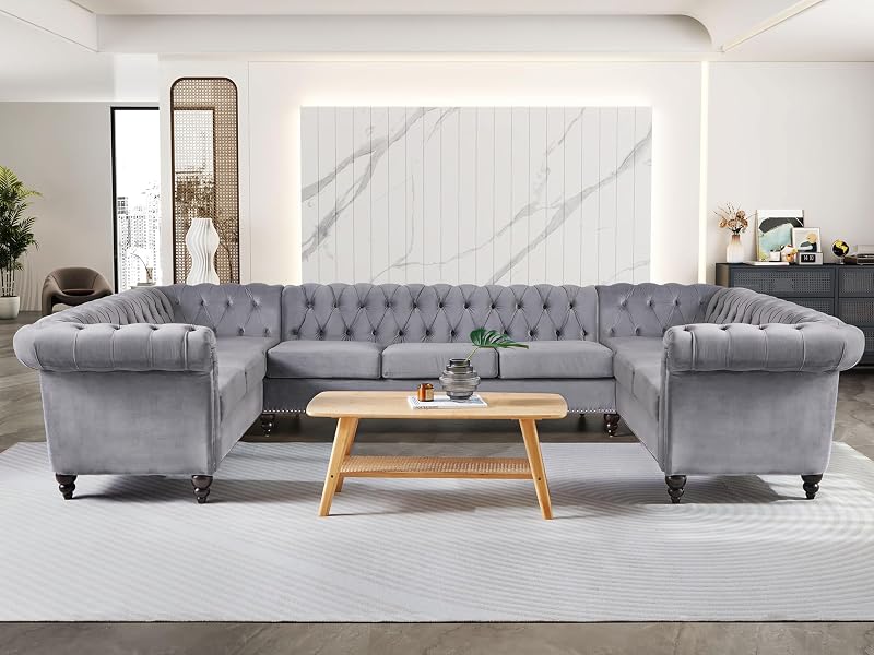 QHITTY U-Shaped Sofa, Sectional Chesterfield Velvet Couch 9-Seater Upholstered Large Accent Tufted Sofa with Rolled Armrest and Nailhead Design for Living Room, Apartment, Office (Grey)
