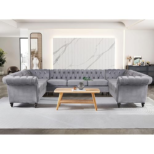 QHITTY U-Shaped Sofa, Sectional Chesterfield Velvet Couch 9-Seater Upholstered Large Accent Tufted Sofa with Rolled Armrest and Nailhead Design for Living Room, Apartment, Office (Grey)
