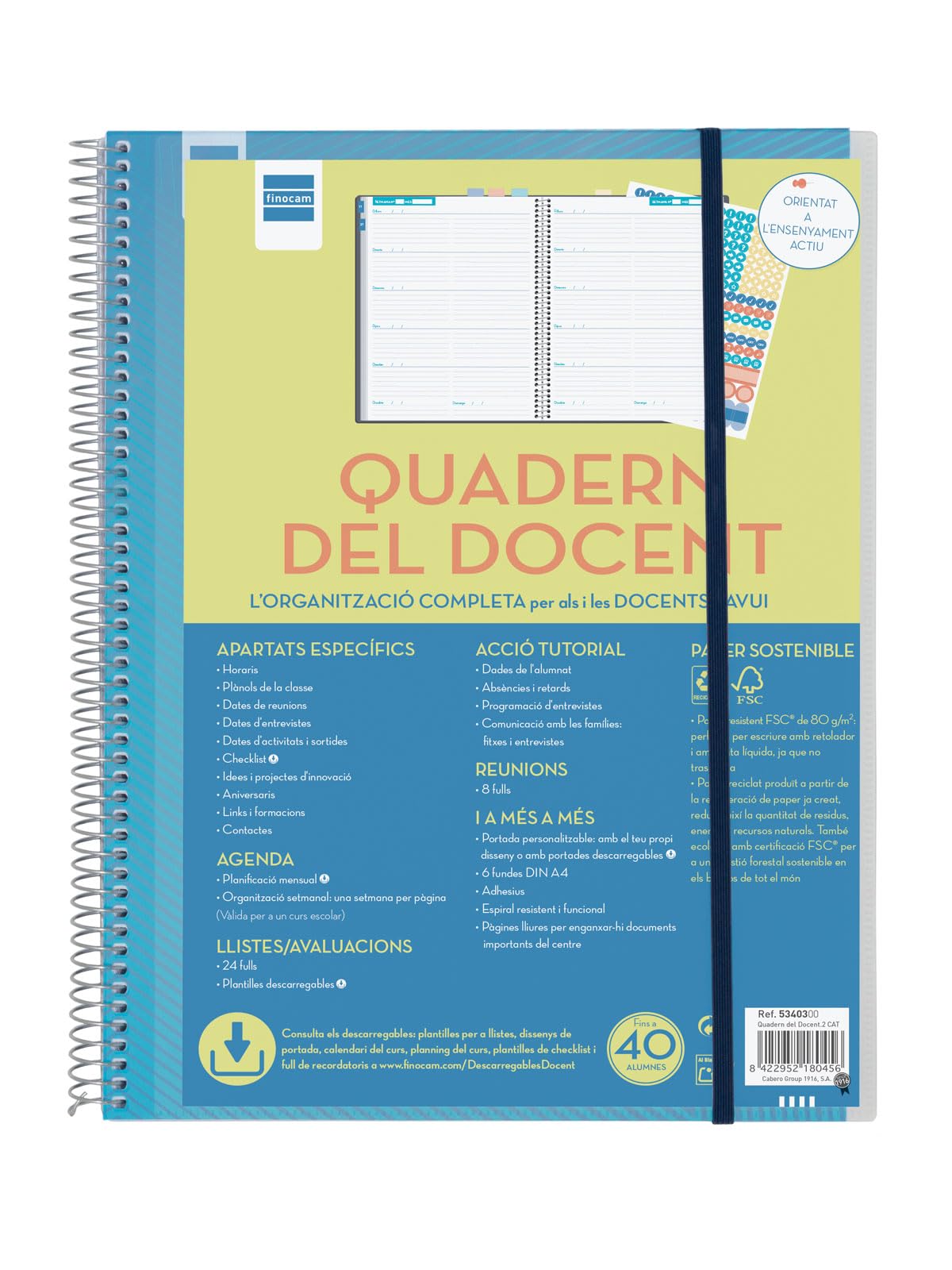 Finocam - Cuaderno del Docente | Semana por Página | 46 Semanas sin Fecha | 24 Hojas de Evaluaciones | 269 Pegatinas | 6 Fundas Transparentes, GRANDE, Polipropileno | Catalán