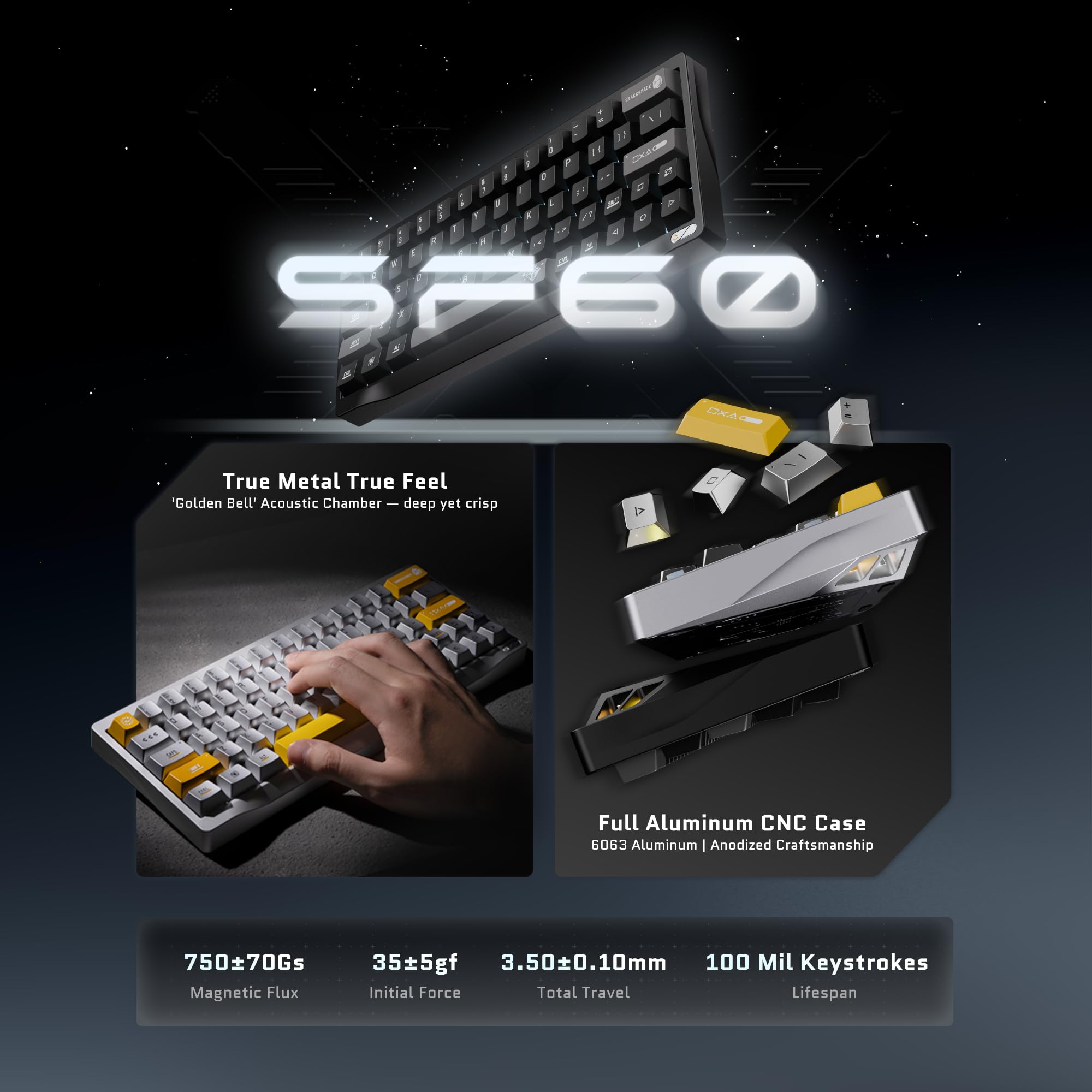 OOCTPK Chilkey SF60 - Tastiera cablata effetto Hall con tasti in metallo, tastiera da gioco al 60% con interruttore WS Flux Swap, attivazione rapida, 16 milioni di ARGB, completamente in alluminio per