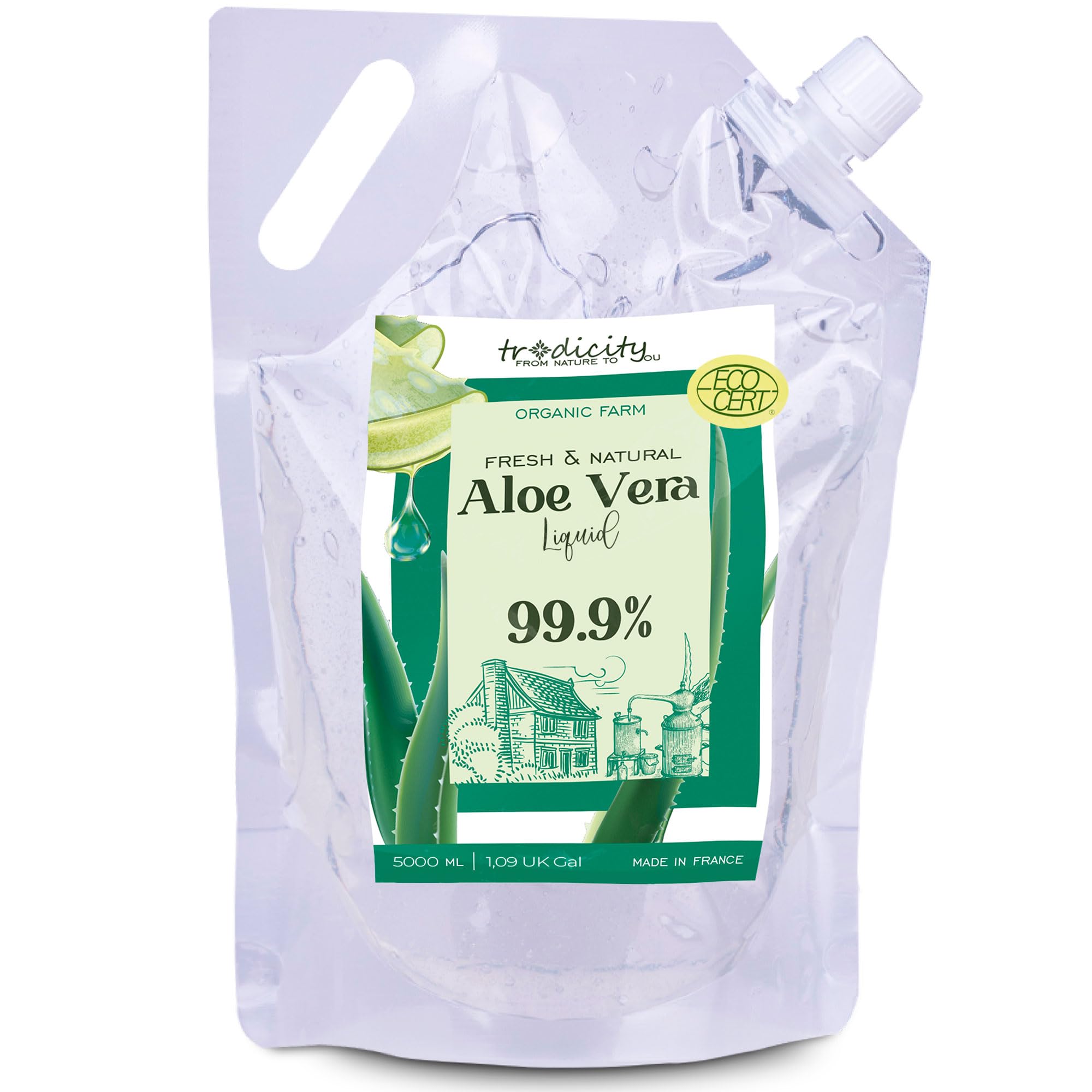 Tradicity Organic Farm Aloe Vera Reinflüssigkeit 100% Natürliches Bio: Feuchtigkeitsspendend, Beruhigend Und Reparierend, Reinigendes Tonikum, After-Sun, Enthaarung Und Rasur, Anti-Aging Serum. Hauskosmetik - 5000 Ml