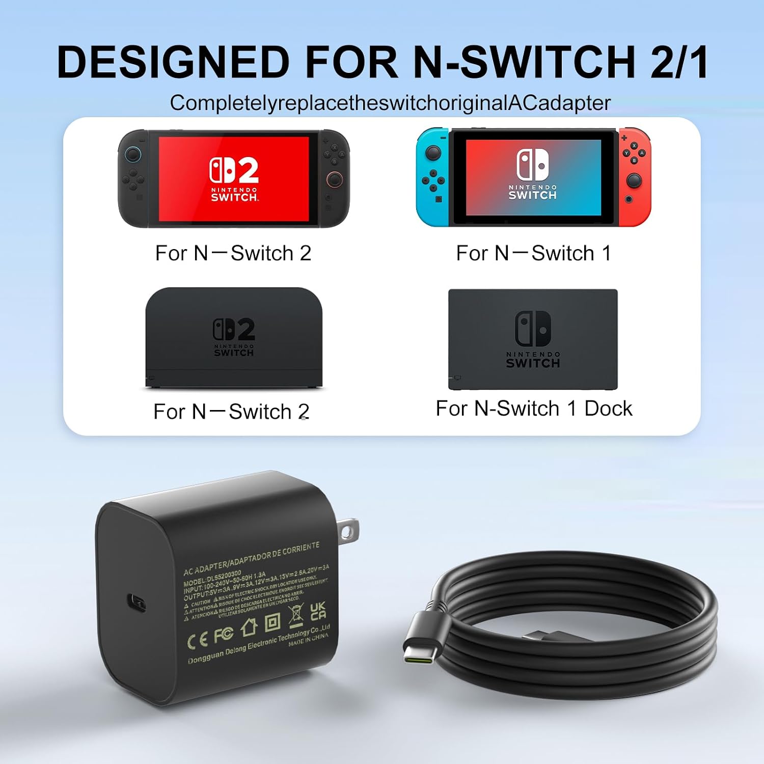 Switch 2 Charger, 20V 3A 60W AC Adapter Fast Charging with 5ft USB C Cable - Compatible with Switch/OLED/Lite/Steam Deck ROG Ally and PS5- Support 4K TV Mode, Original Quality,Xbox 360 Console
