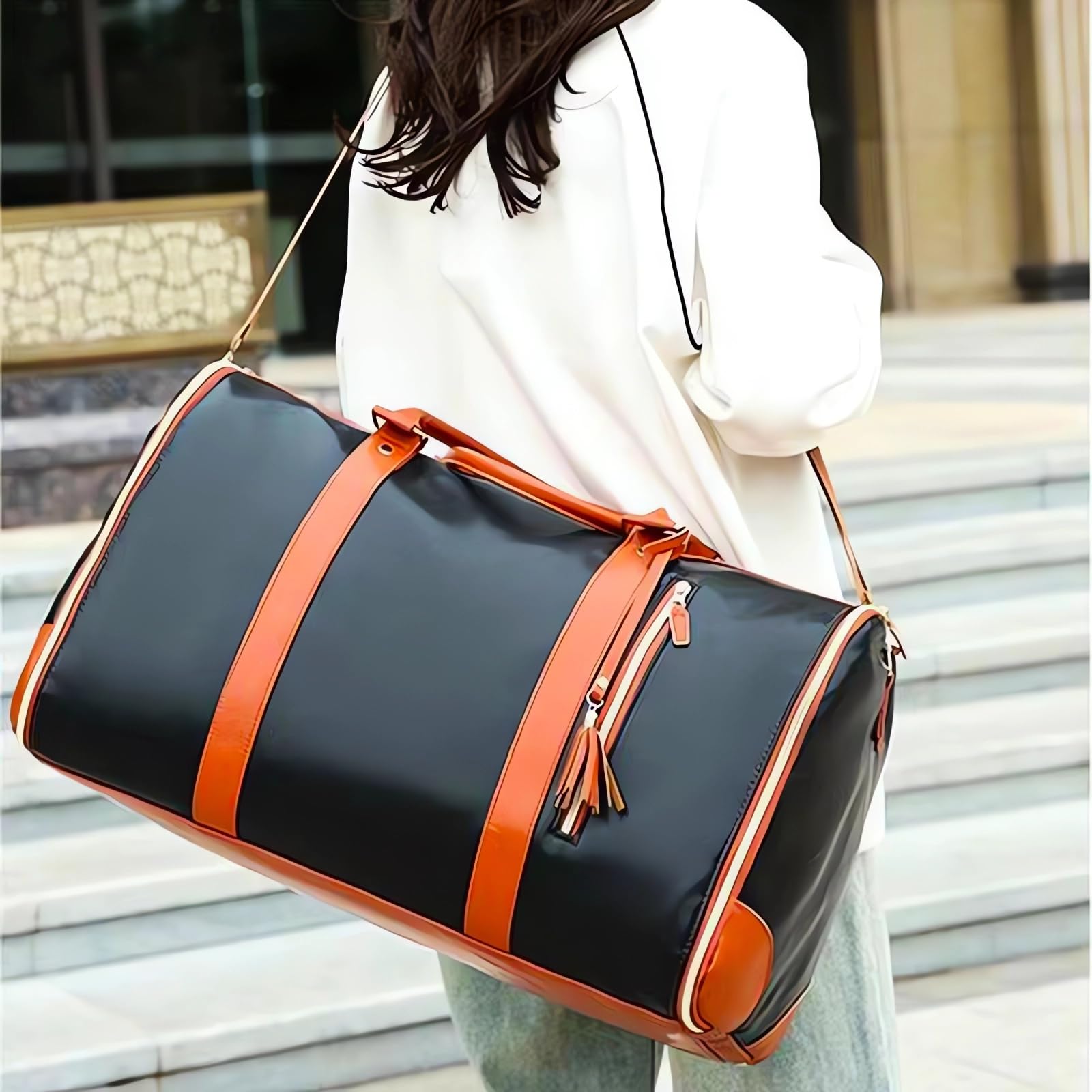 Kleidertasche für Reisen, wandelbare Stofftasche mit Schuhbeutel, 2-in-1, wasserdichte Reisetasche mit Schultergurt, für Herren und Damen (Rosa/Weiß/Dunkelbraun)