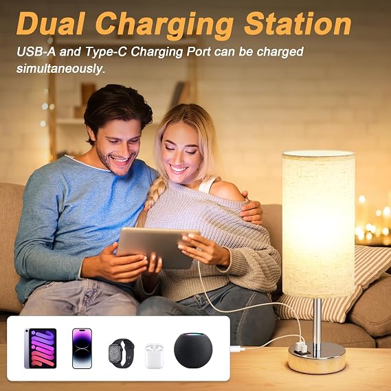 Touch Table Lamps for Bedroom Nightstand - Bedside Lamps with USB-C USB-A Charging Ports White, 3 Way Dimmable Control Small Lamp Fabric Shade Silver Base for Bedroom, Office, Living Room, Reading..