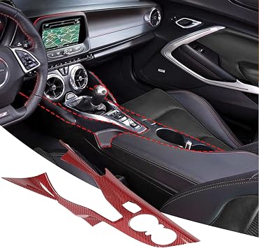 CheroCar Fit for Camaro Accessories Center Console Gear Shift Panel Trim Cover Interior Decoration for Chevrolet Camaro 2016 2017 2018 2019 2020 2021 2022 2023 2024 2025+ Red Carbon Fiber