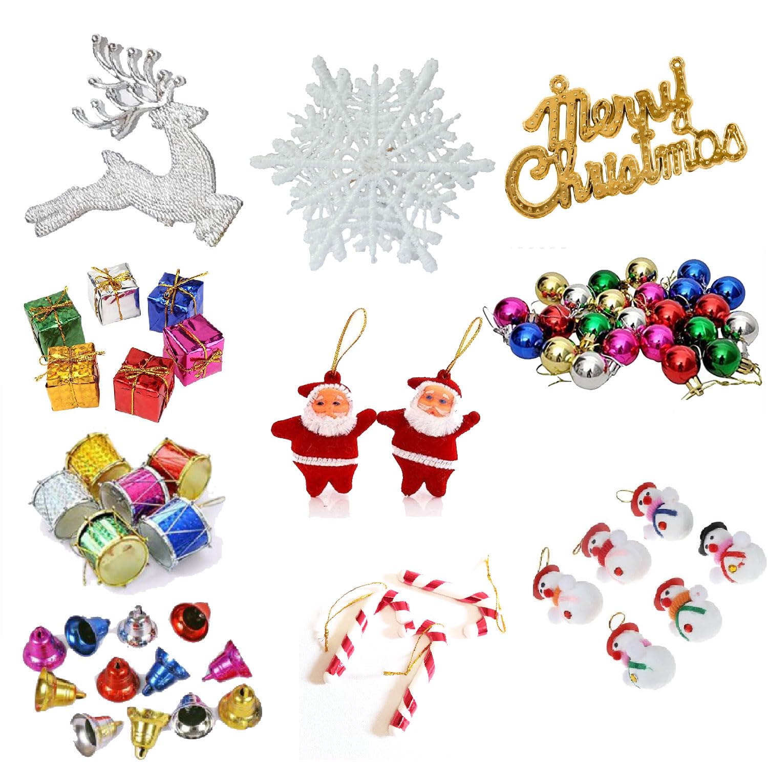 Lekshika Pack of 50 Christmas Decorations | Assorted Xmas Tree Hanging Ornaments with Balls, Bells, Stars, Drums, Gift Boxes & Mini Santa Claus Figures | Perfect for Home, Office & Party Decor