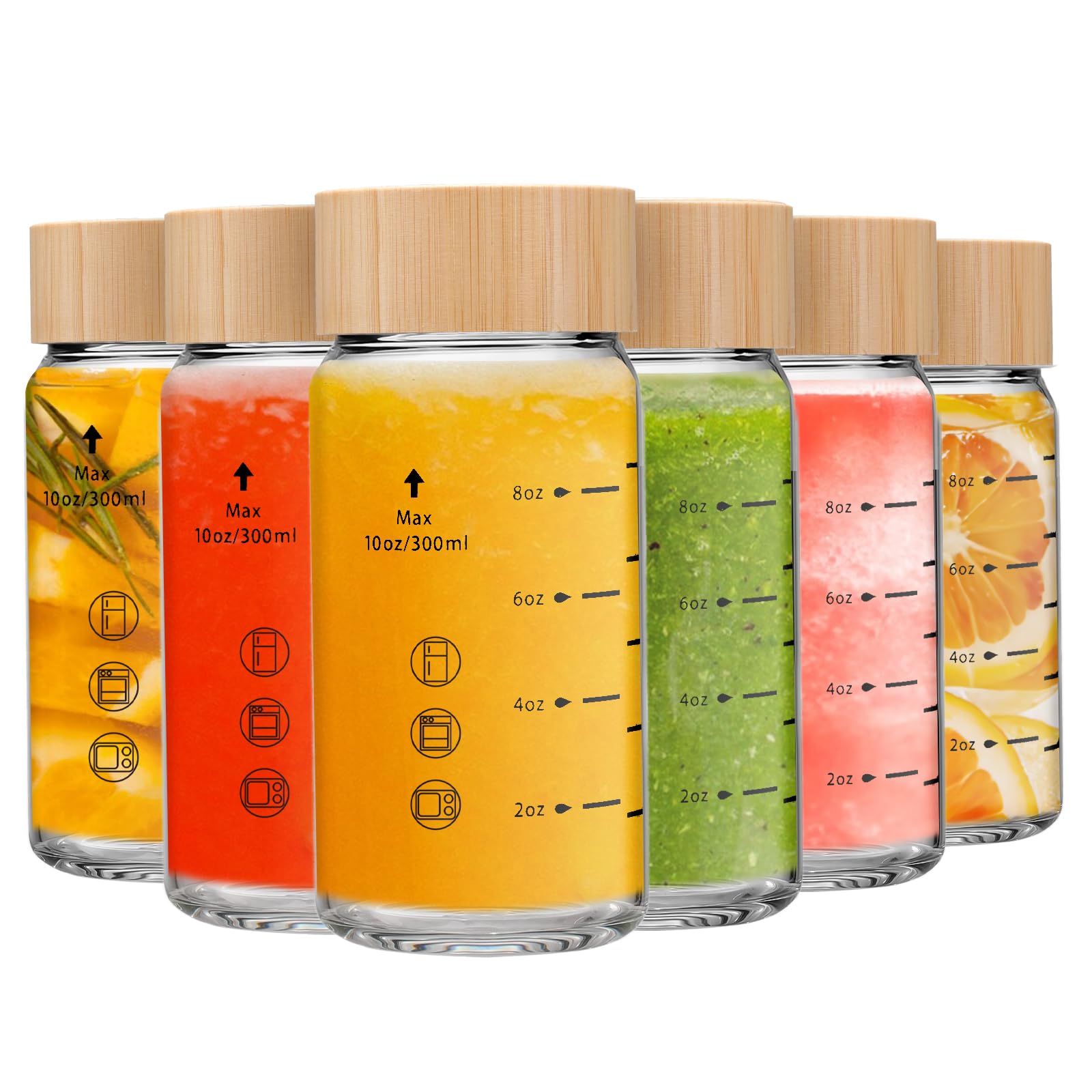 Olivego 10oz Juice Bottles - 6 Pack Wide Mouth Glass Bottles with Lids- BPA Free, Bamboo Lids for Juicing, Smoothies, Infused Water, Beverage Storage