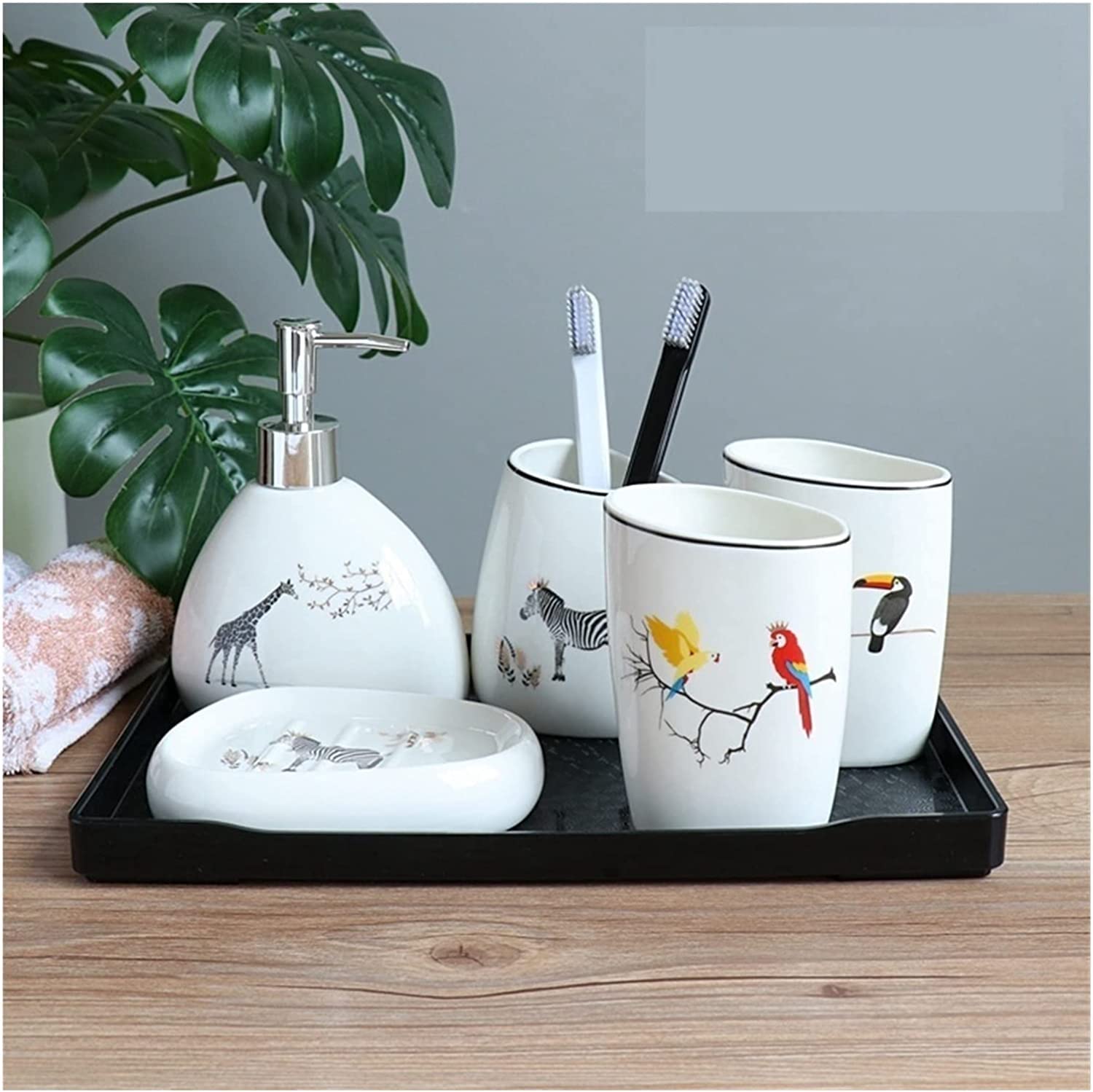 Juego de accesorios de baño de 5 piezas con bandeja negra diseño animal XCC