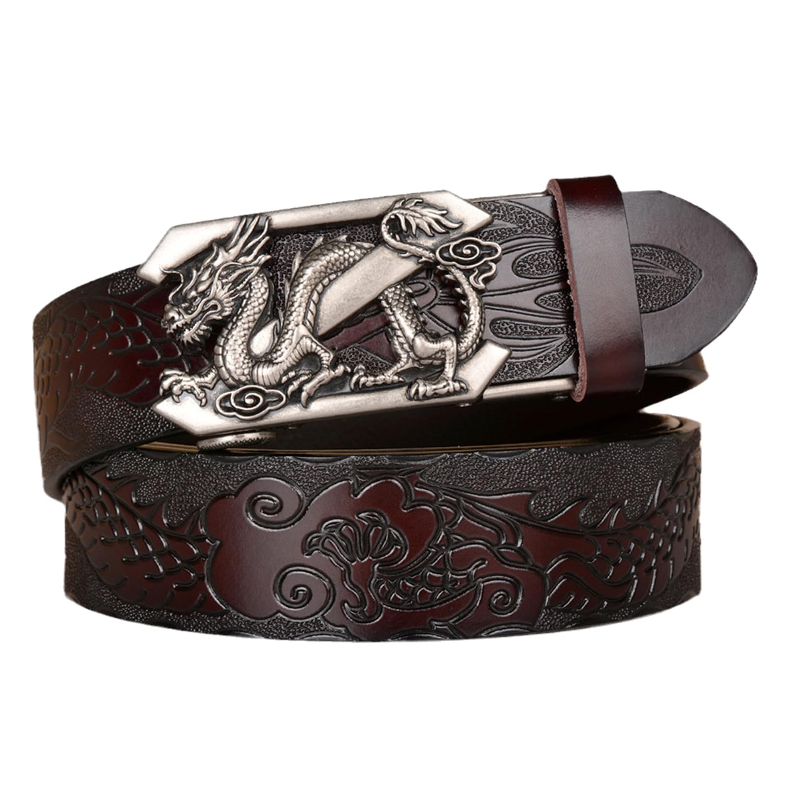 Cinturón De Trinquete Cuero Vaca Genuino, Hebilla Automática Grabada Con Dragón, Deslizante Informal Ajustable (cintura 115 Cm/39 Pulgadas, Negro)