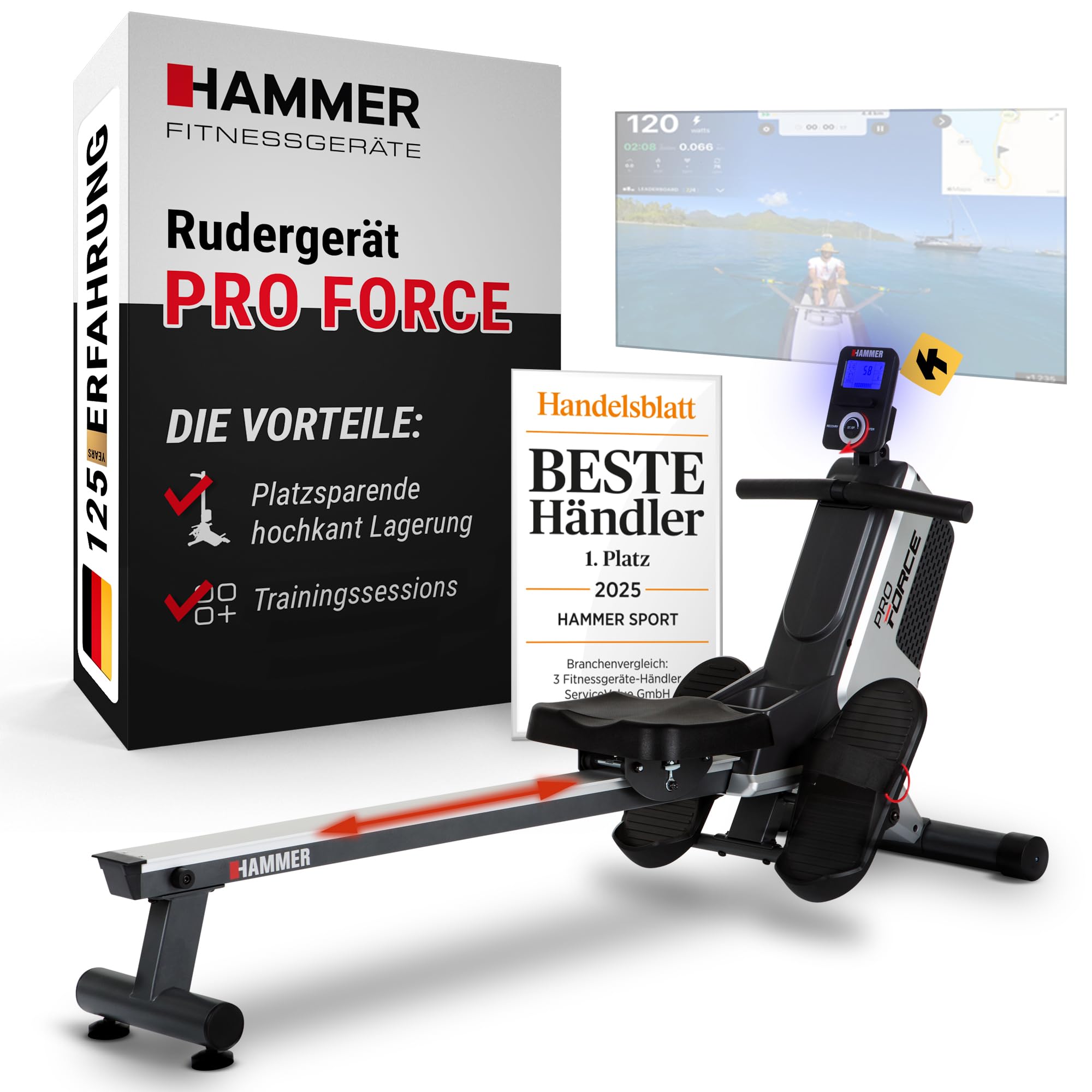 HAMMER Rudergerät Pro Force - platzsparendes, leichtes & hocheffektives Ausdauergerät mit 20 Trainingsprogrammen und Tablet-Halterung, bis 120 kg Nutzergewicht