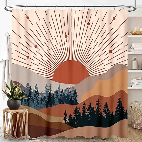 Miniatura 23 de Cortina de ducha con diseño floral hippie, estilo retro de los años 70, diseño de margaritas naranjas, bonitas, estéticas, bohemias, divertidas,