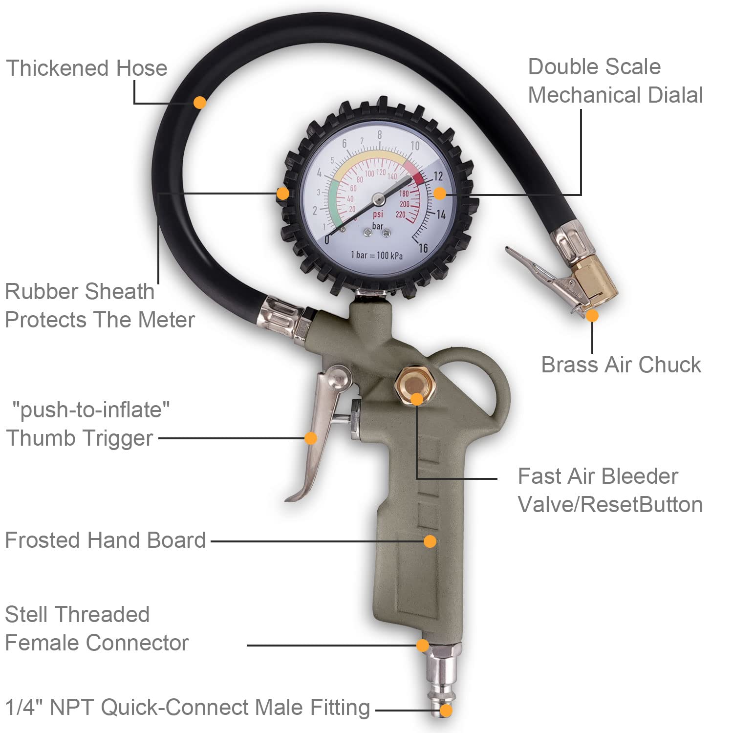 Tire Inflator with Pressure Gauge, 0-220PSI Dial Wheel Air Tire Pressure Gauge, Heavy Duty Rubber Hose with Quick Coupler, Air Compressor Tire Inflator Attachment for Cars Motorcycle Bike - Image 5