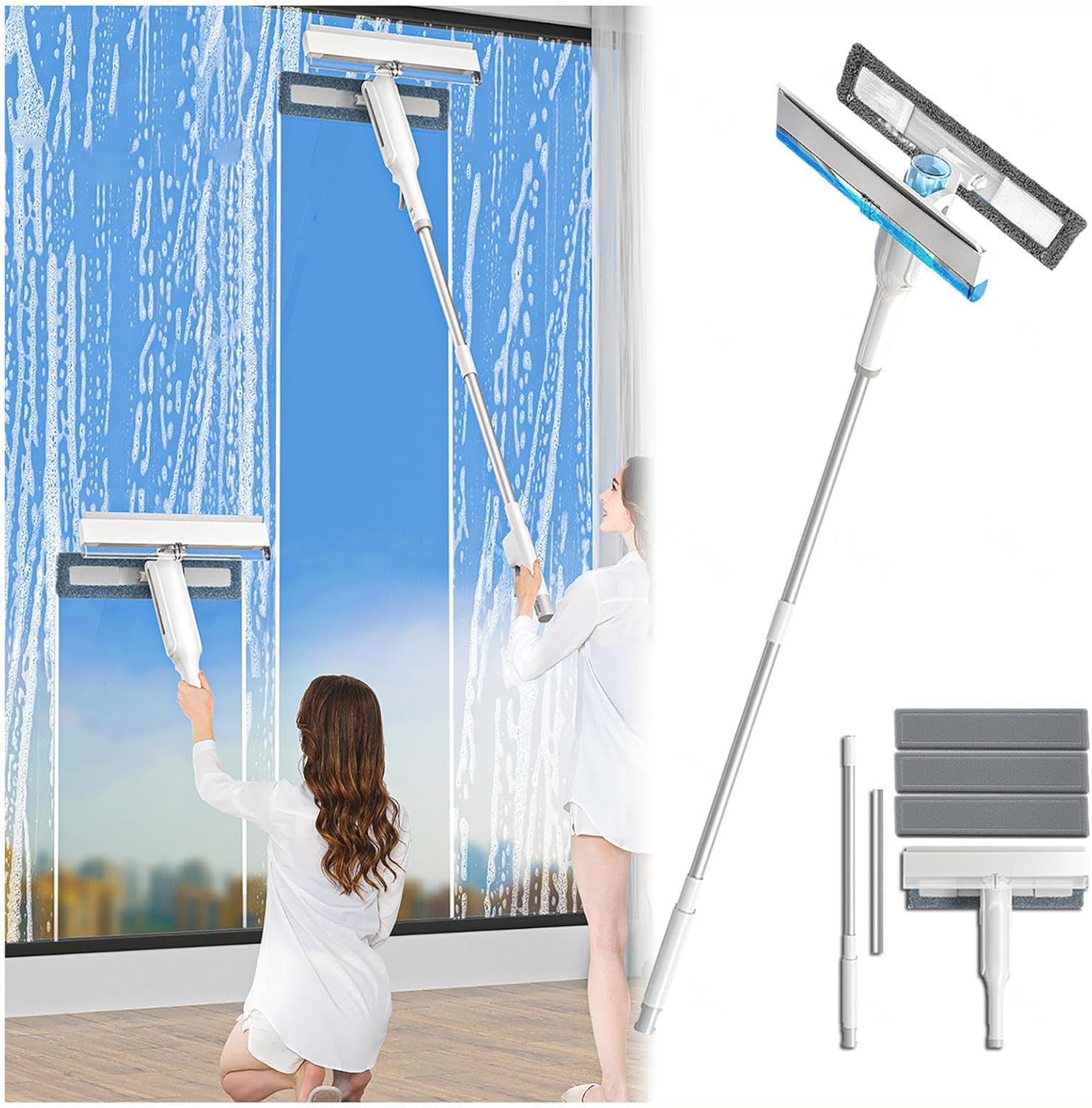 Spray Window Squeegee for Home with Sewage Collector and 3 Pads, 4 in 1 Shower Squeeze for Glass Door and Tile with Extension Pole Shower Door Squeegee for Bathroom,Window,Mirror,Tile Wall