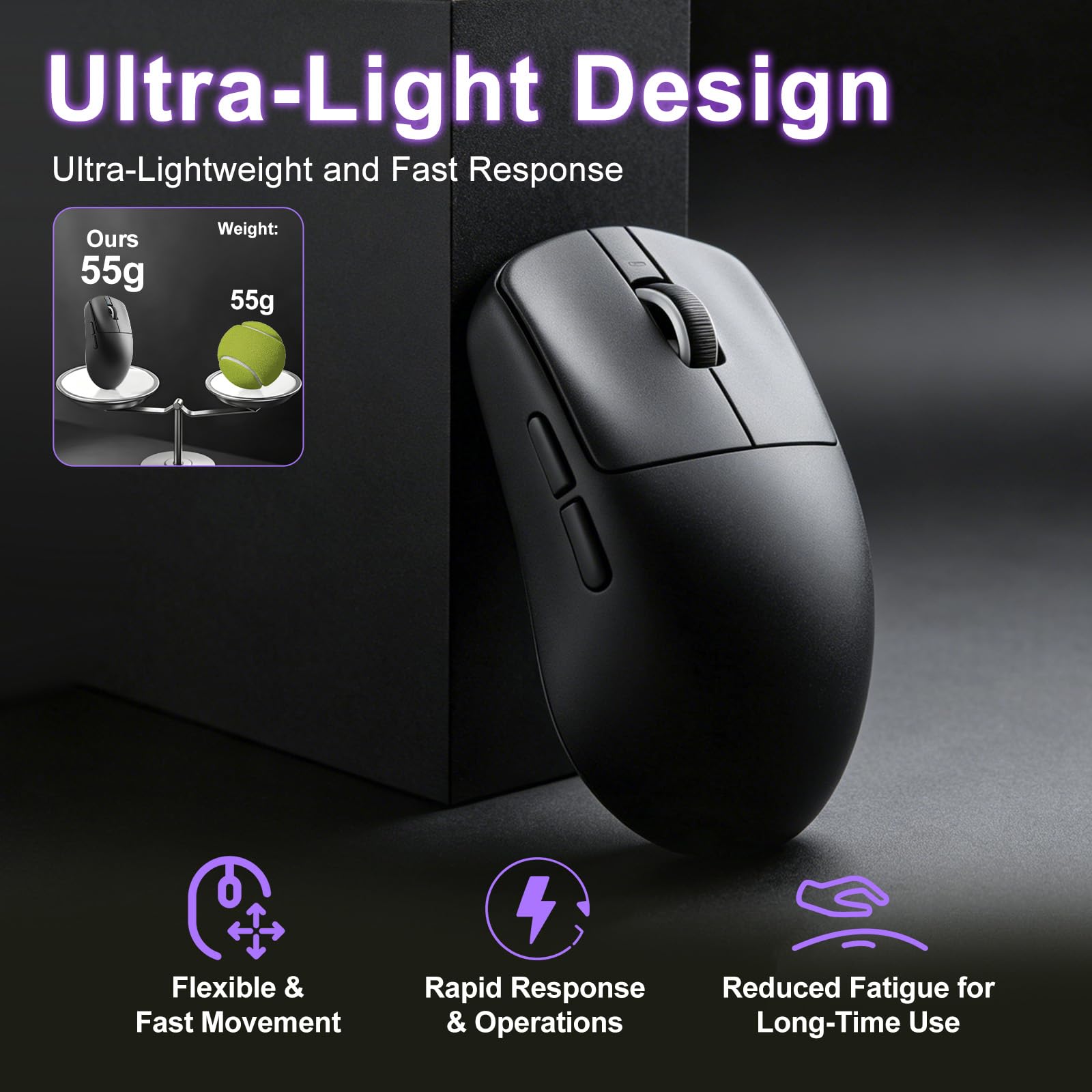 R1 SE+ - Ratón para juegos, 18000 DPI, sensor PAW3395SE de alta precisión, ligero de 55 g, tres modos de conexión, mouse ergonómico programable adecuado para portátiles/PC/Mac (negro)