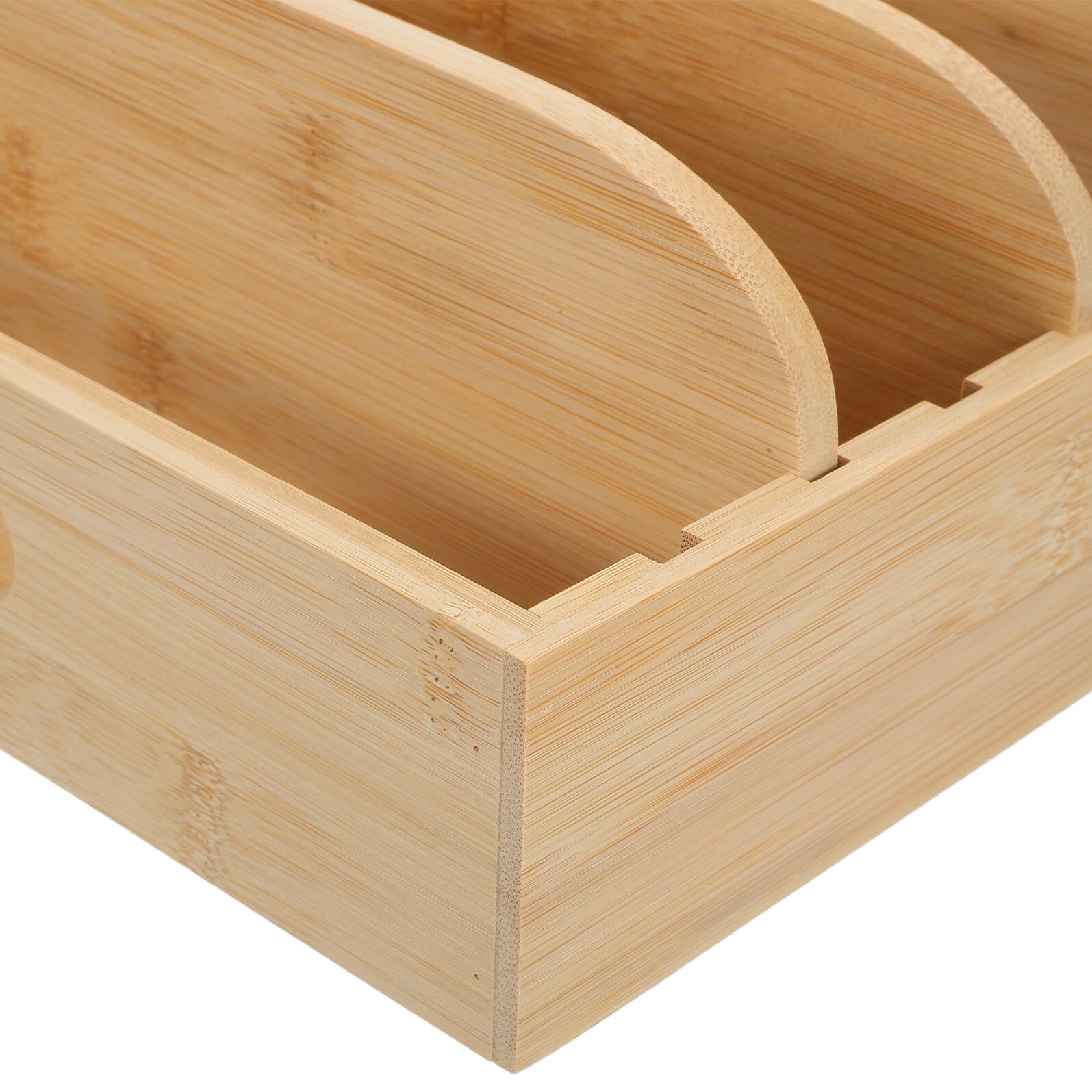 Sosoport Organizer in Bambù con 5 Divisori Regolabili e 6 Scomparti, Contenitore per Coperchi con Maniglie Ergonomiche, Grande Capacità per Armadietti e Cassetti in Cucina
