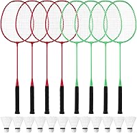 Woanger 8-Pack Badminton Racket Set with 12 Shuttlecocks - Lightweight Ferroalloy Racquets for Adult Backyard Beach Gym Fun