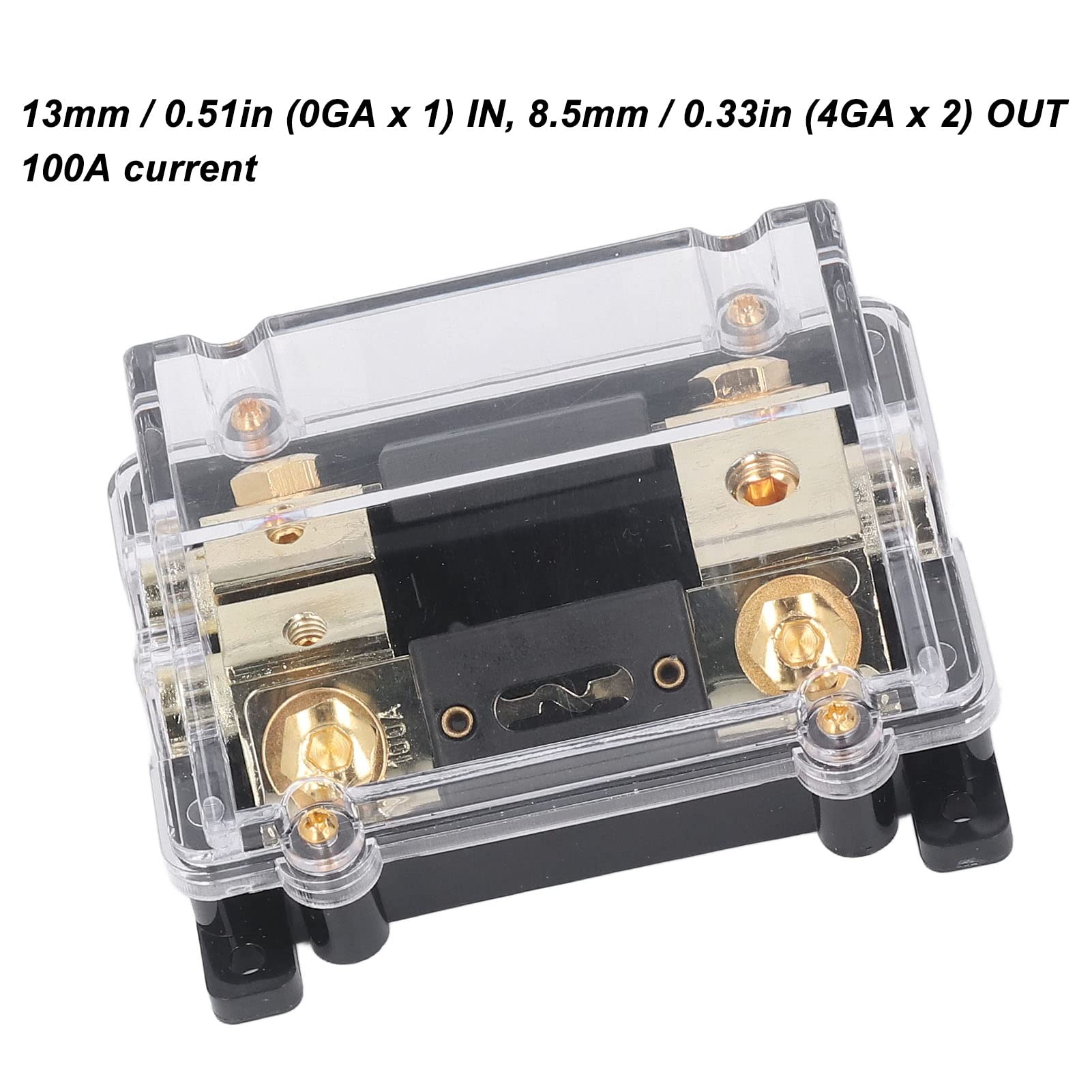 Aramox Blocco di Distribuzione dell'alimentazione con Fusibile In Lega di Zinco Placcato Oro Supporto ANL 0GA In 2 X 4GA Out 100A per Cablaggio Amplificatore Stereo per Auto In Auto Camion Barche