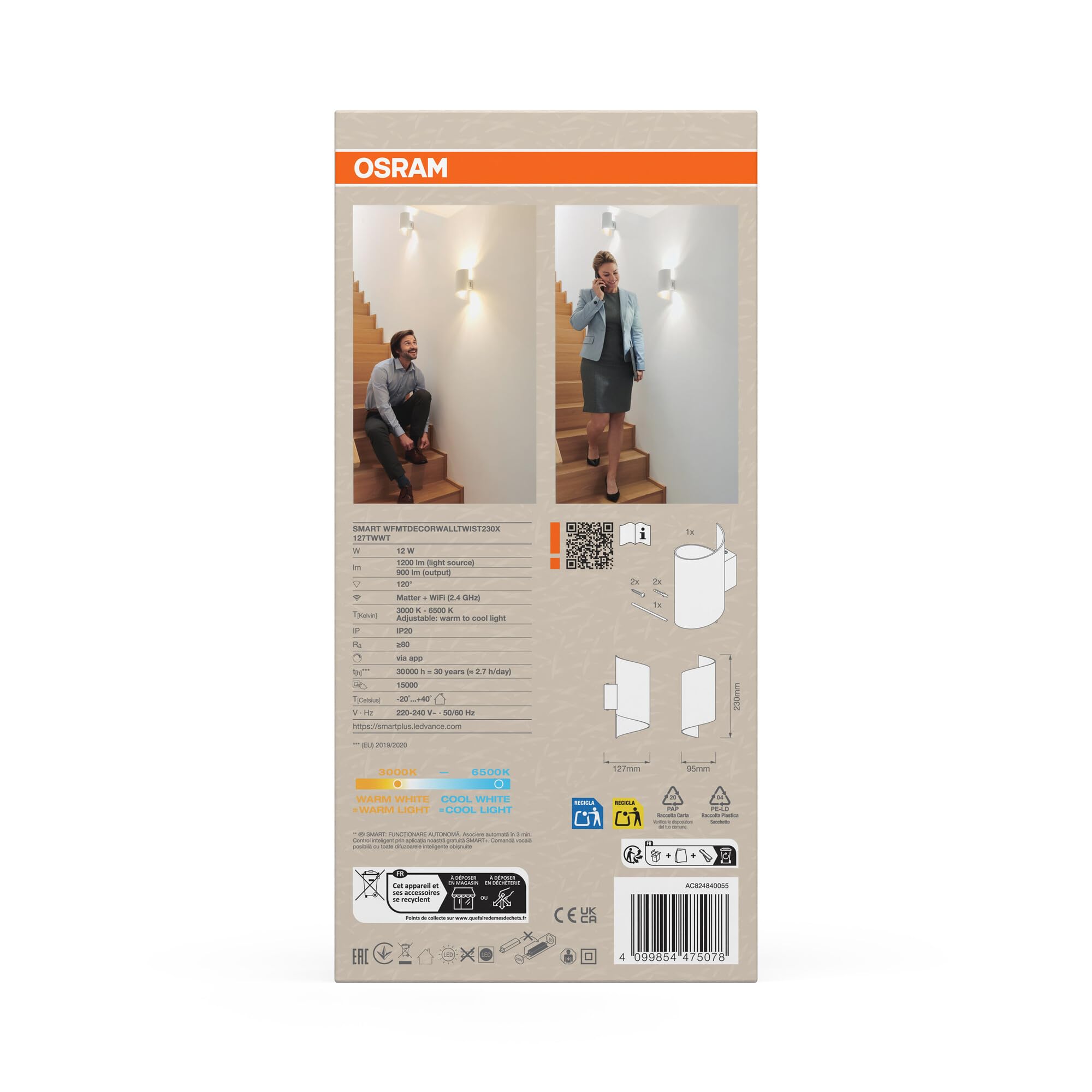 Osram SMART+ Matter Wall Twist LED Wandleuchte 230x127mm TW | SMART+ MATTER Wall Twist, Indoor Wall Lighting, Weiß, 30000 h, 1-Pack