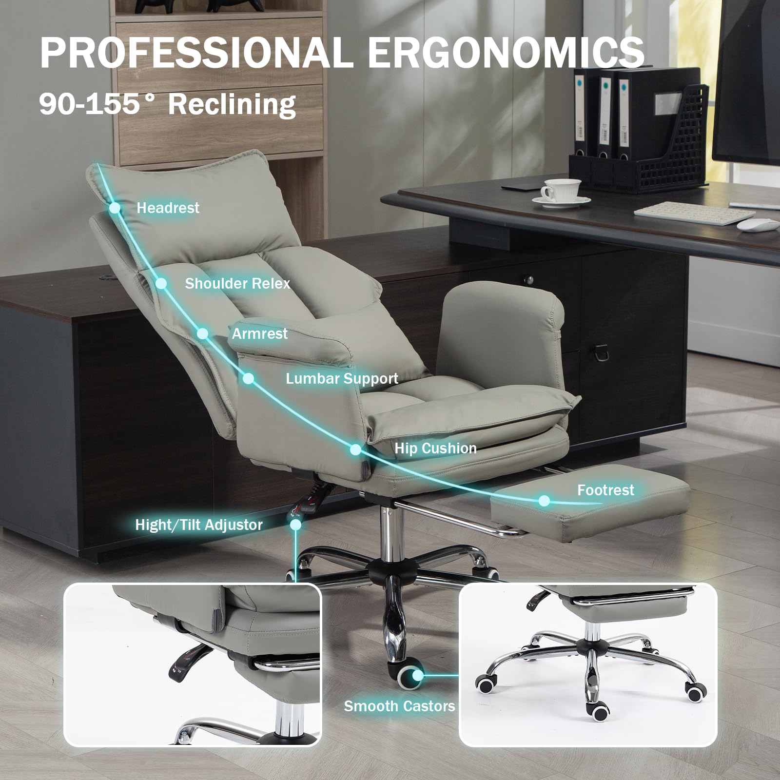 Home Office Desk Chairs Executive Office Chair 155 Reclining Office Chair with Footrest Leather High Back Comfy Computer — view 5
