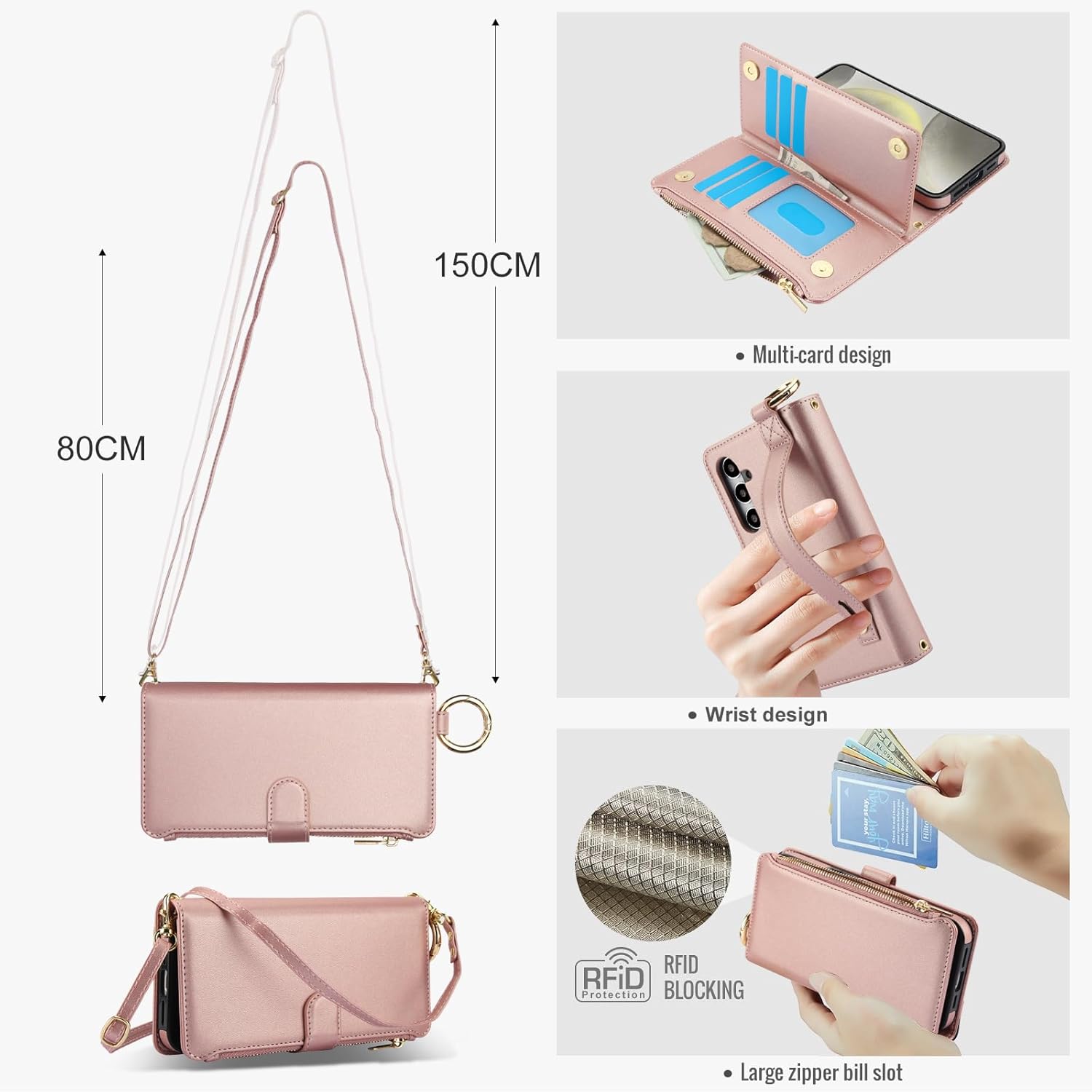 Asuwish Phone Case for Samsung Galaxy S24 5G Zipper Wallet with Tempered Glass Screen Protector Crossbody Strap Card Holder RFID Blocking Stand Flip TPU Cell Cover S 24 24S G5 Women Girls Pink
