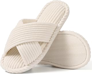 House Slippers for Women Memory Foam Bedroom Slippers Corduroy Open Toe Slides Shoes Indoor and Outdoor