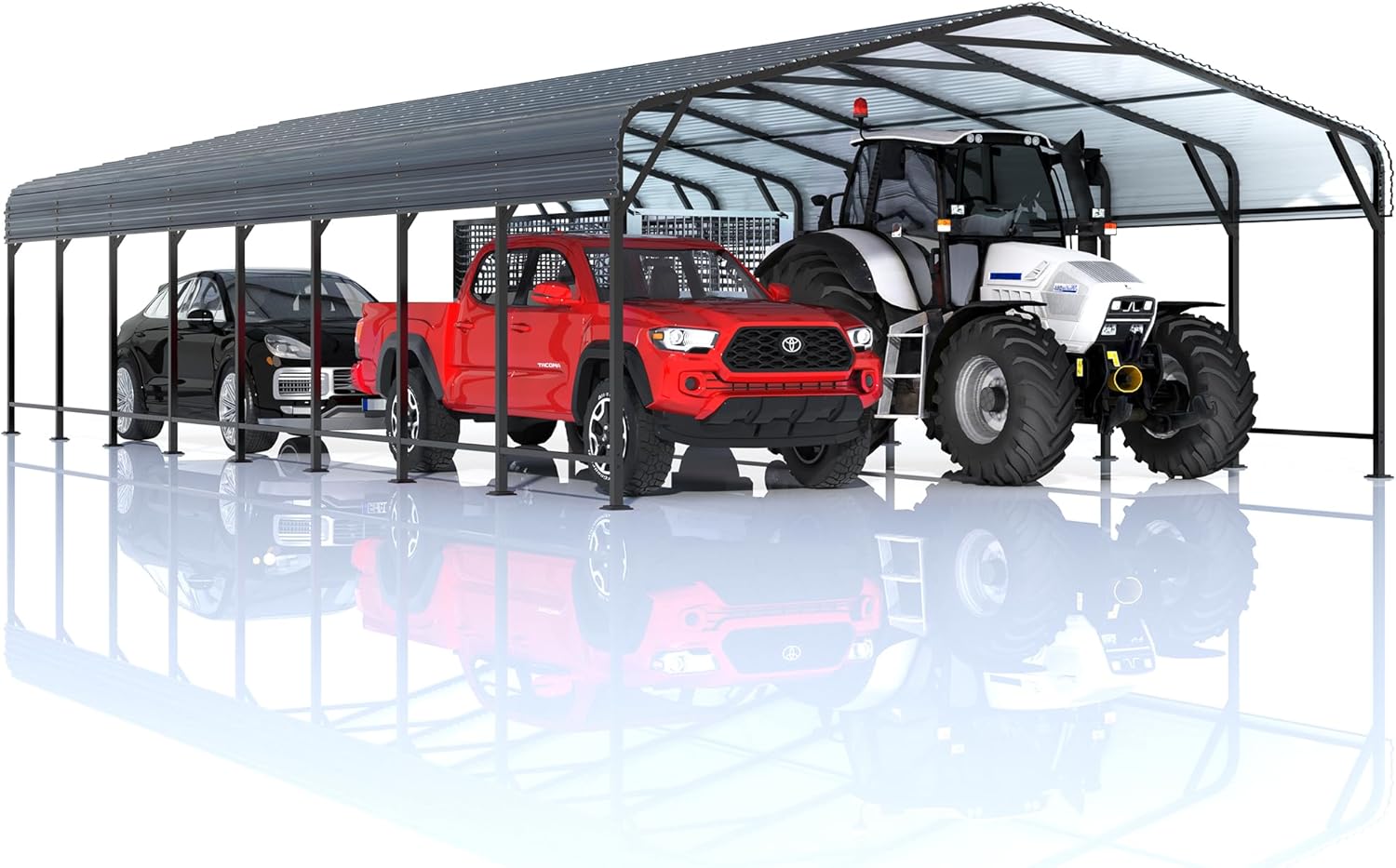 AirWire carport sheltering a tractor, a truck, and a car.