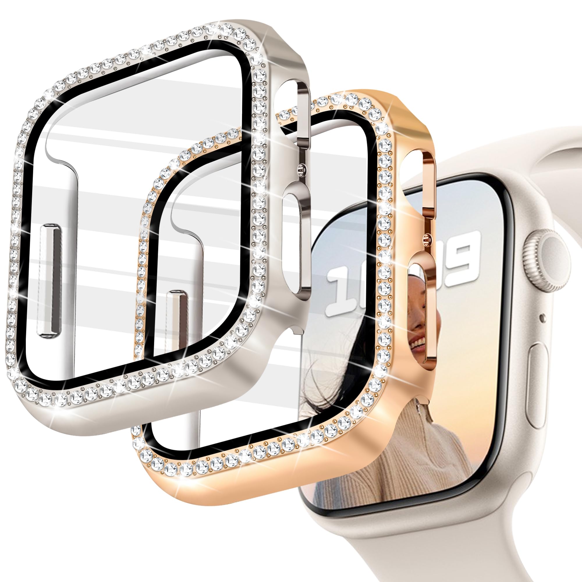 JR.DM 2 Pack Bling Case with HD Screen Protector Compatible with Apple Watch Series 4 5 6 SE 44mm, Women Glitter Diamond Rhinestone Bumper Face Cover