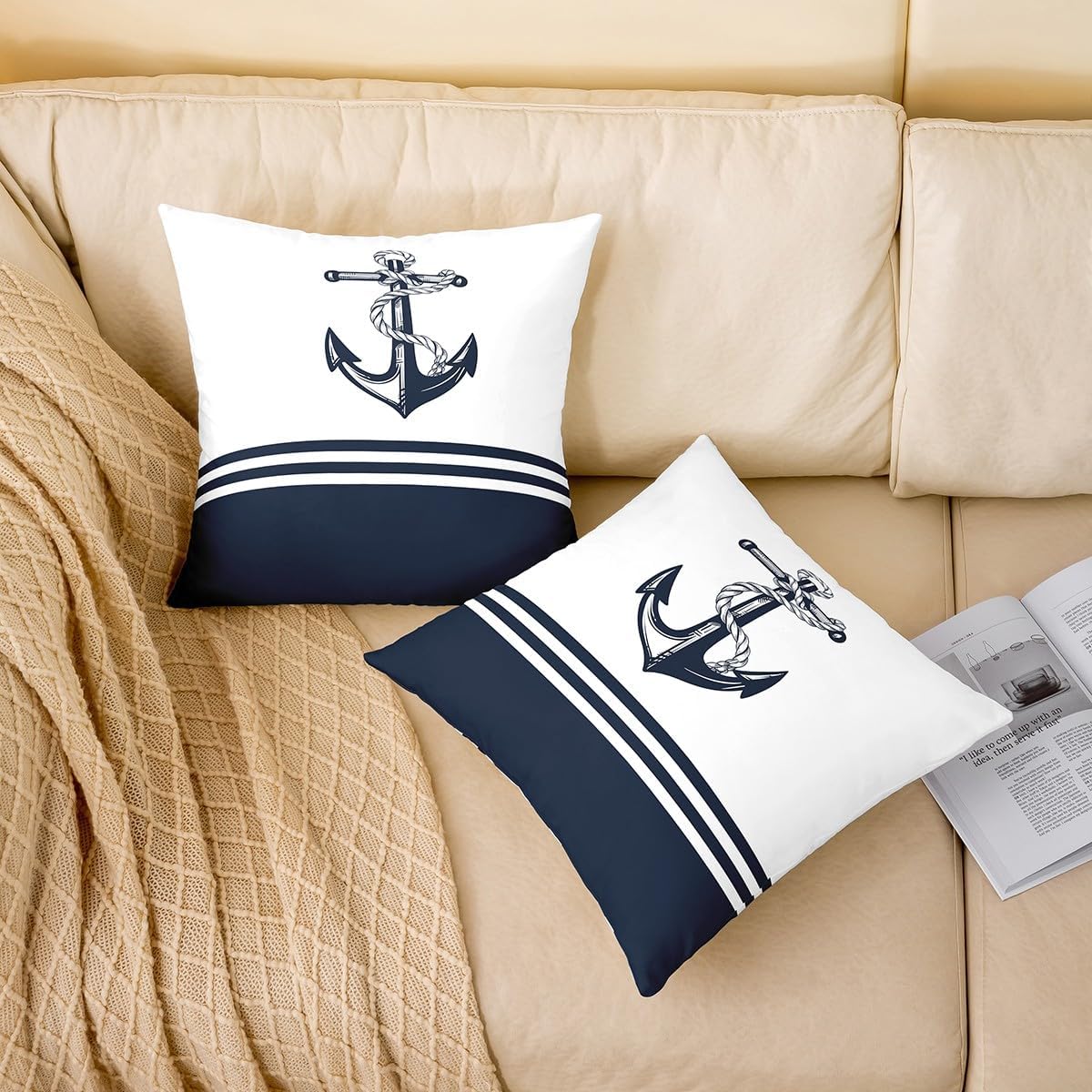 Anchor Decor Throw Pillow Covers 24"x24" Set of 2 Soft Kids Nautical Themed Decorative Throw Pillowcases for Ocean Coastal Pillow Cases Cushion Covers Sea Adventure Navy Blue White Cushion Cases