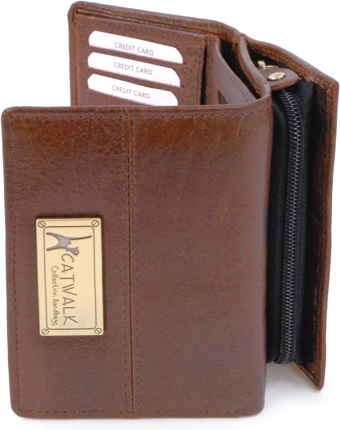 Ladies Medium Leather Purse - Women's Trifold Wallet with 8 Card Slots & Zip Coin Pocket - RFID - Victoria - Brown