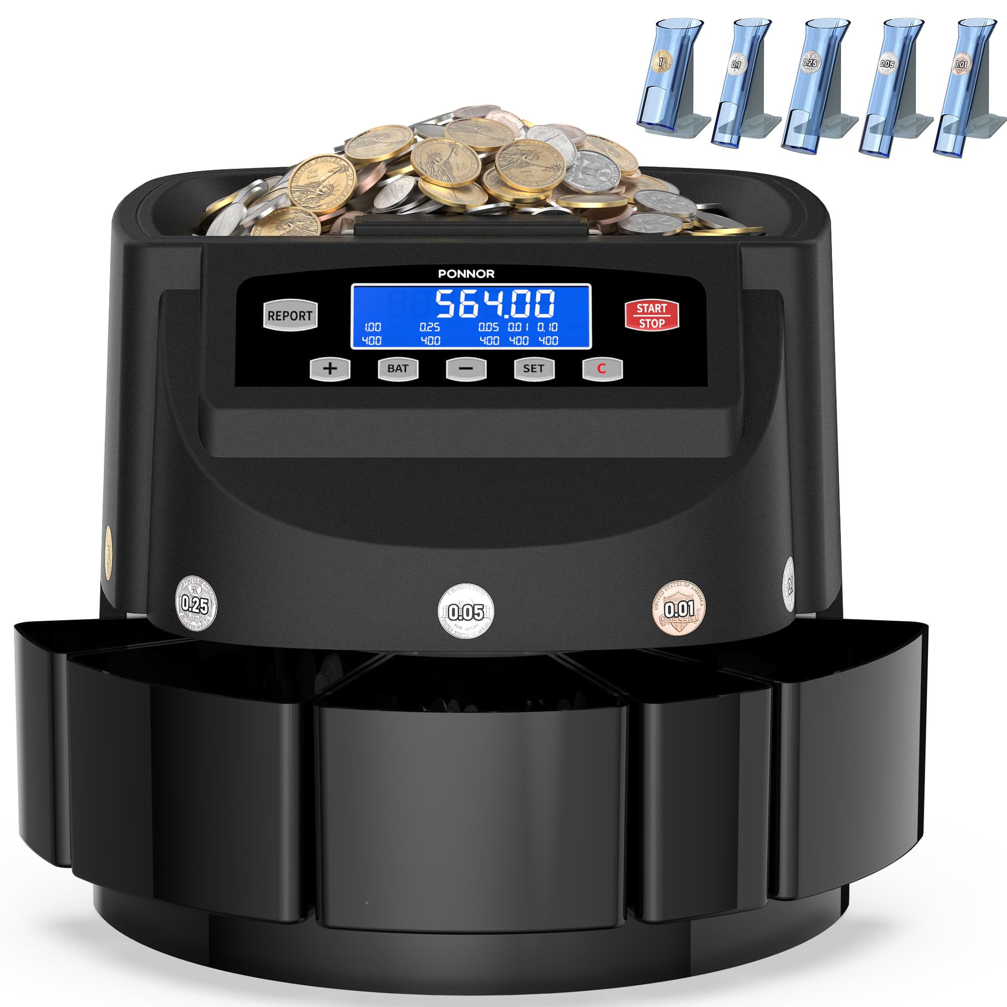 Photo 1 of PONNOR Coin Counter Machine Sorter Change and Wrapper Roller Counting Organizer Sorts up to 300 Coins Per Minute Automatically Sorts and Batches - Black