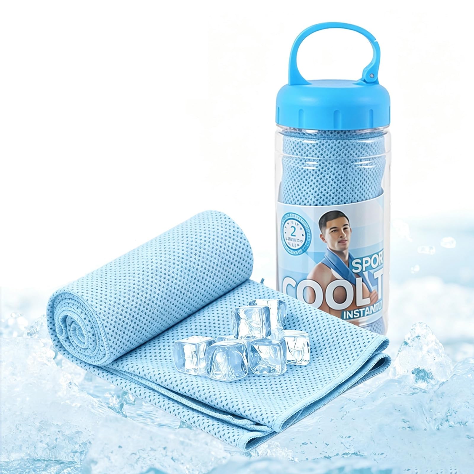 XQMMGO 100 x 30 cm Instant Cooling Towel for Neck & Face, Ice Cold Microfibre Sports Gym Towel with Portable Bottle, Breathable Sweat Bandana for Running, Yoga, Golf, Travel & Hot Weather (light blue)