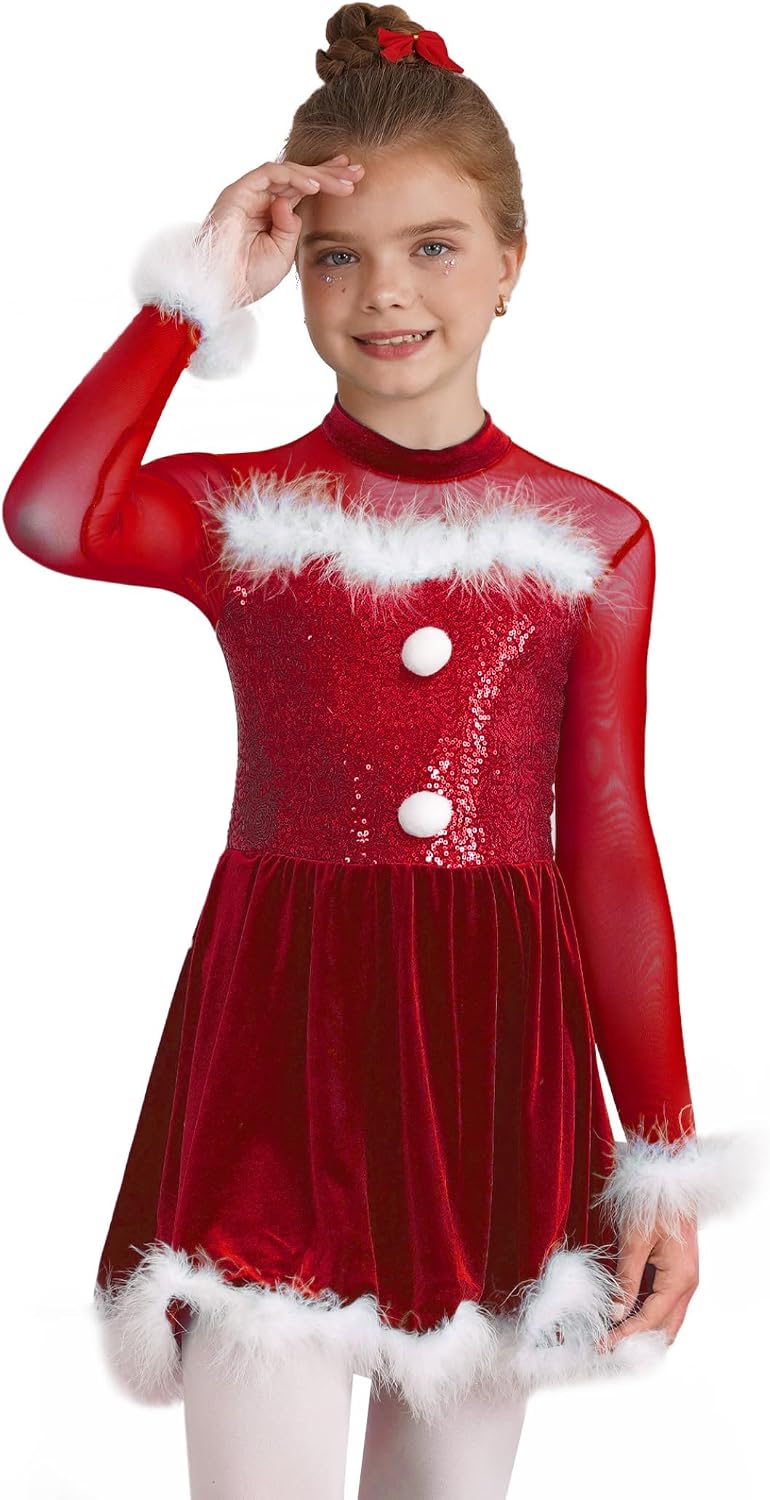 Kids Girls Christmas Long Sleeve Sequin Faux Fur Figure Ice Skating Dress Ballet Tutu Leotard Dancing Outfit
