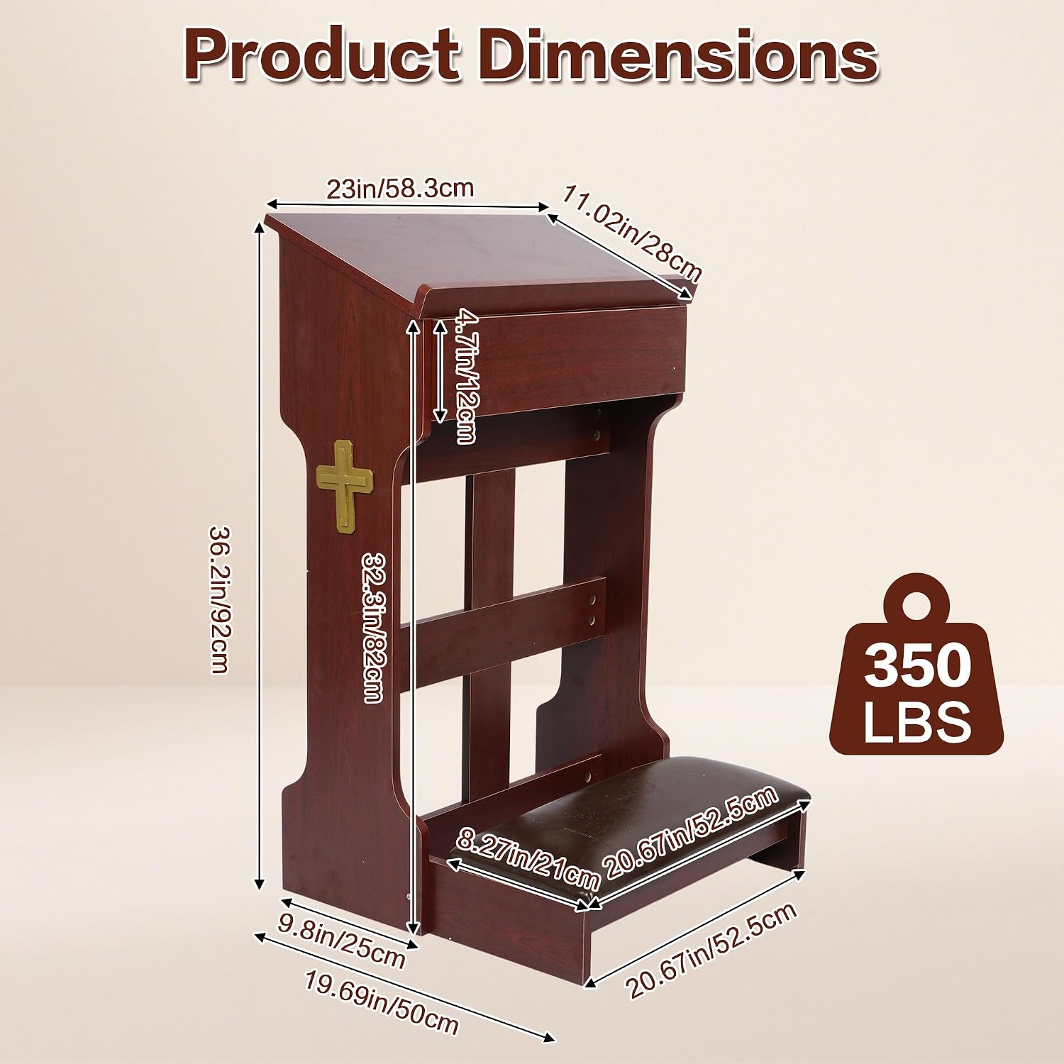 Wooden Prayer Kneeler Bench, Foldable Prayer Stool with Storage Drawer | Thick Padded Kneeling Cushion, Rounded Book Rest & Cross Accent, Catholic Prayer Bench for Home Altar, Church and Meditation