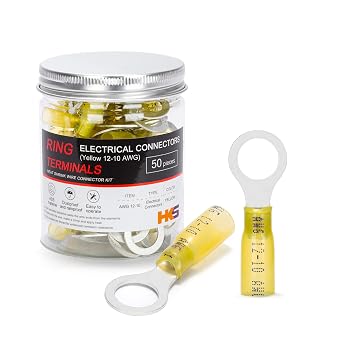 HKS 50 PCS Ring Terminals 3/8" Yellow 12-10 AWG - M10 - Electrical Connectors - Heat Shrink Wire Connector Kit - Tinned Red Copper - Automotive Marine Ring Connectors - Waterproof and Insulated