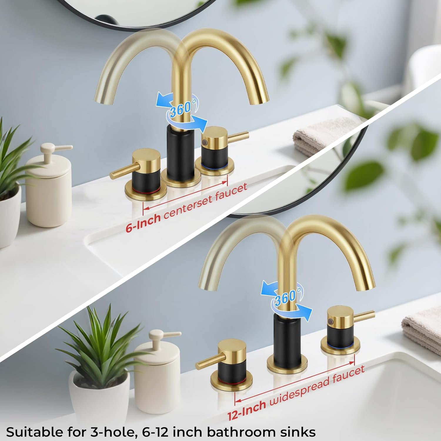 Bathroom Faucet 3 Hole, Brushed Gold and Black Bathroom Sink Faucet with Pop Up Drain, 8 inch Widespread Bathroom Faucet with 360° Swivel Spout, 2 Handle Vanity Faucet with Water Supply Hoses - Image 4