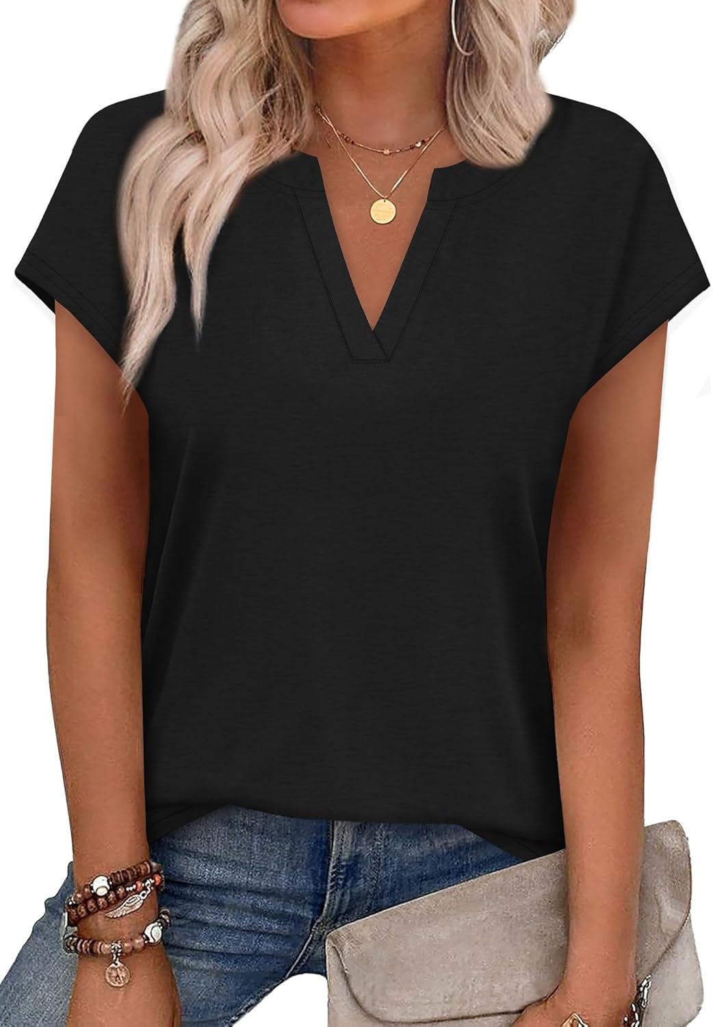 WIHOLL Womens Summer Tops V Neck T Shirts Cap Sleeve Business Casual Outfits Loose Fit Beach Vacation Clothes Basic Tees