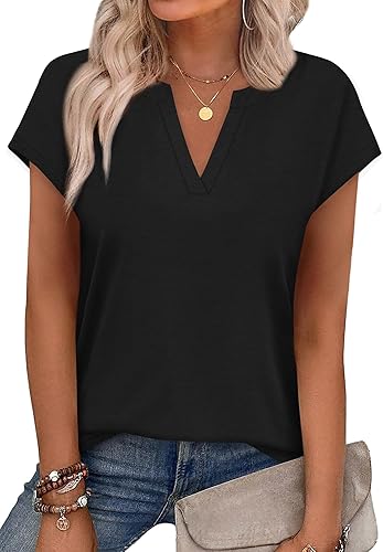 WIHOLL Womens Summer Tops V Neck T Shirts Cap Sleeve Business Casual Outfits Loose Fit Beach Vacation Clothes Basic Tees