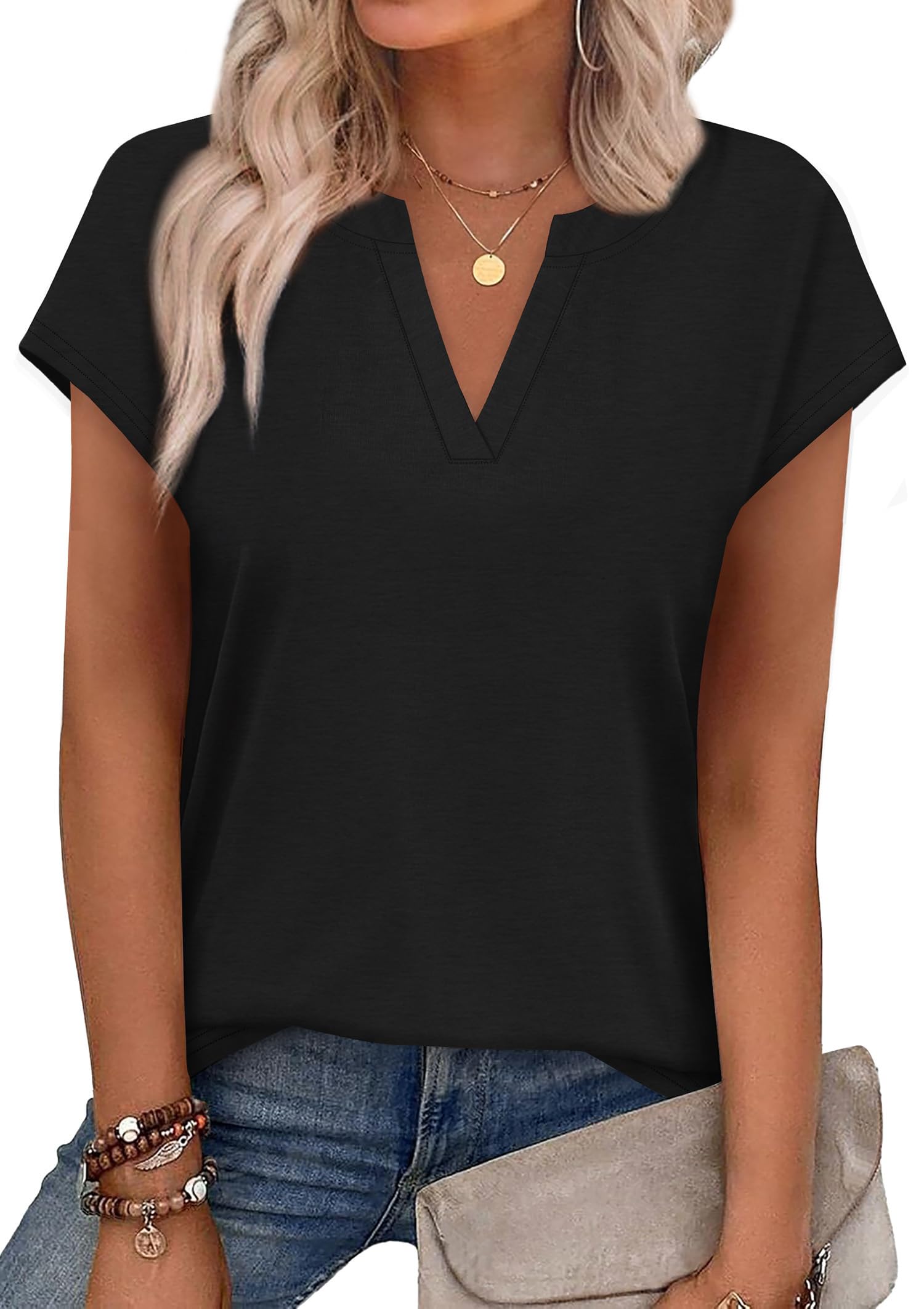 WIHOLL Womens Summer Tops V Neck T Shirts Cap Sleeve Business Casual Outfits Loose Fit Beach Vacation Clothes Basic Tees