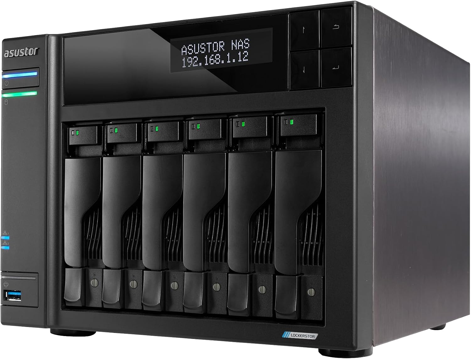 Lockerstor 6 Gen2+ AS6706T v2 6 Bay NAS, Intel Quad-Core CPU, Dual 5GbE Ports, 8GB DDR4, 4 M.2 SSD Slots, HDMI, Plex Media Server, Network Attached Storage for Video Creators (Diskless)