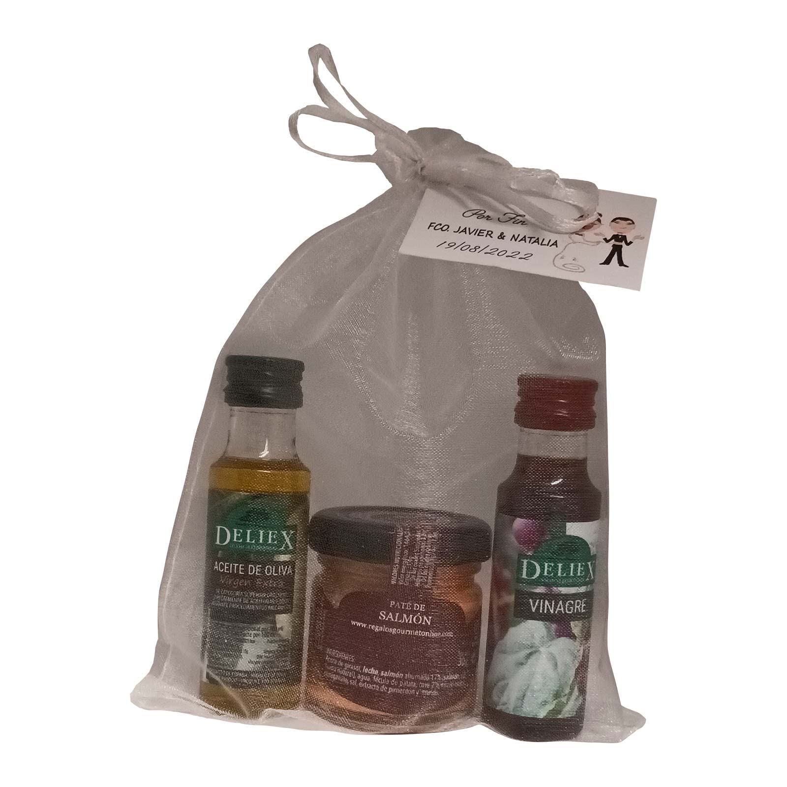 Regalo gourmet en bolsa de organza con miniaturas de Aceite de Oliva, Vinagre y tarrito de paté de salmón (Pack 24 ud). Especial para invitados de bodas, bautizos o demás eventos.