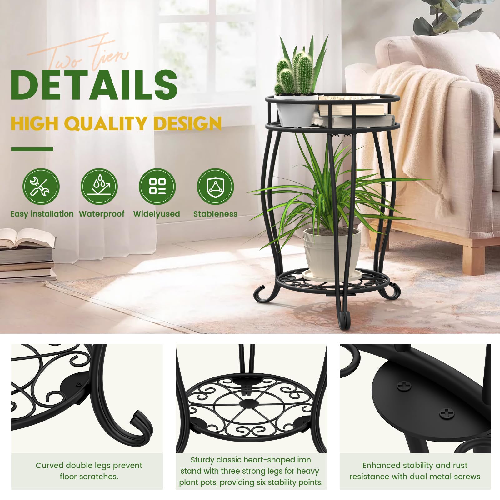 Soporte de metal de 2 niveles para plantas para interiores y exteriores, resistente al óxido, soporte estable para múltiples plantas, soporte para macetas para sala de estar, balcón, jardín, patio 2