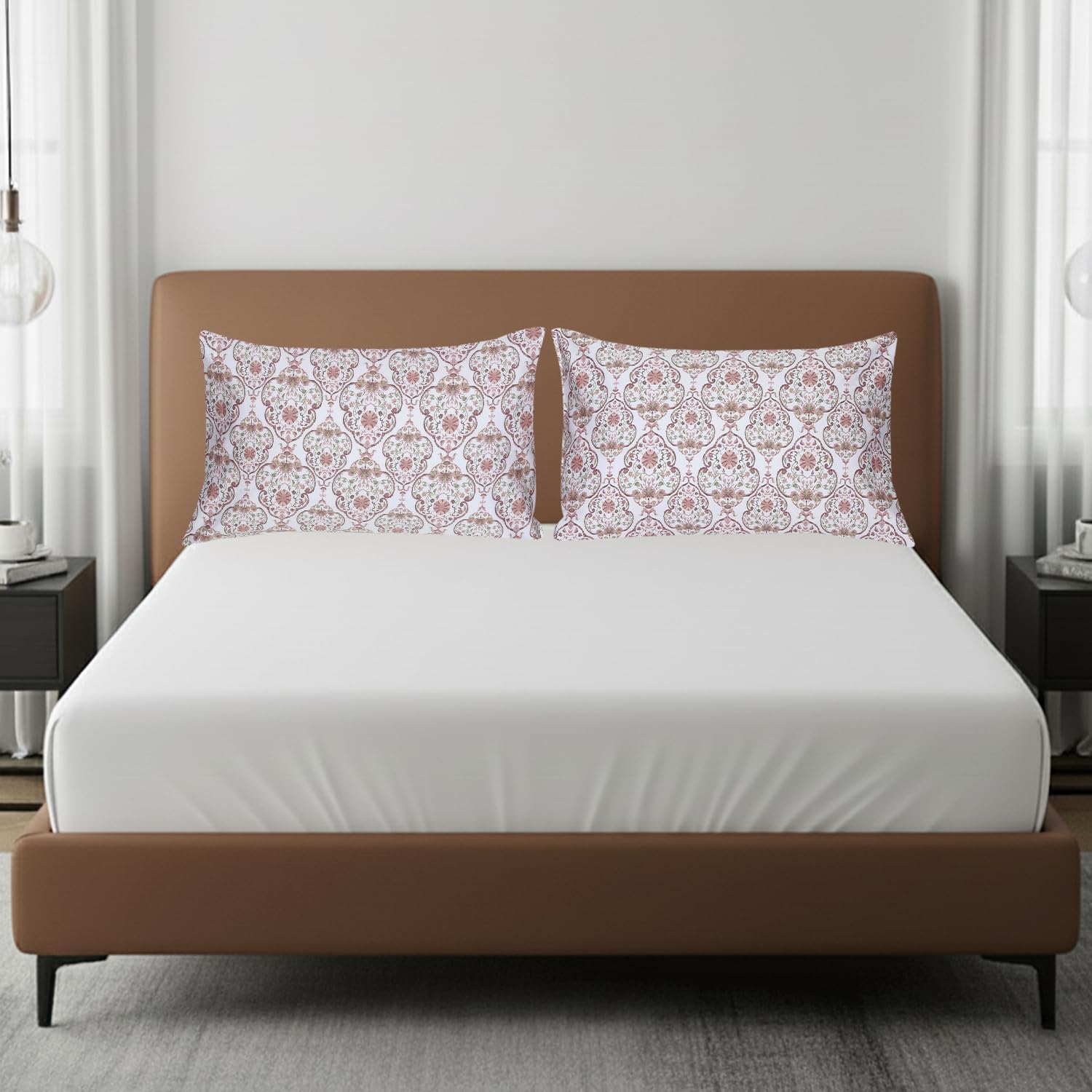 Feather & Stitch 100% Cotton Printed King Pillow Covers Set of 2, 500TC Envelope Closure Pillowcases, Soft Luxury Damask Sateen Weave Pillow Case for Sleeping, 20x40 Inches - Floral Bloom