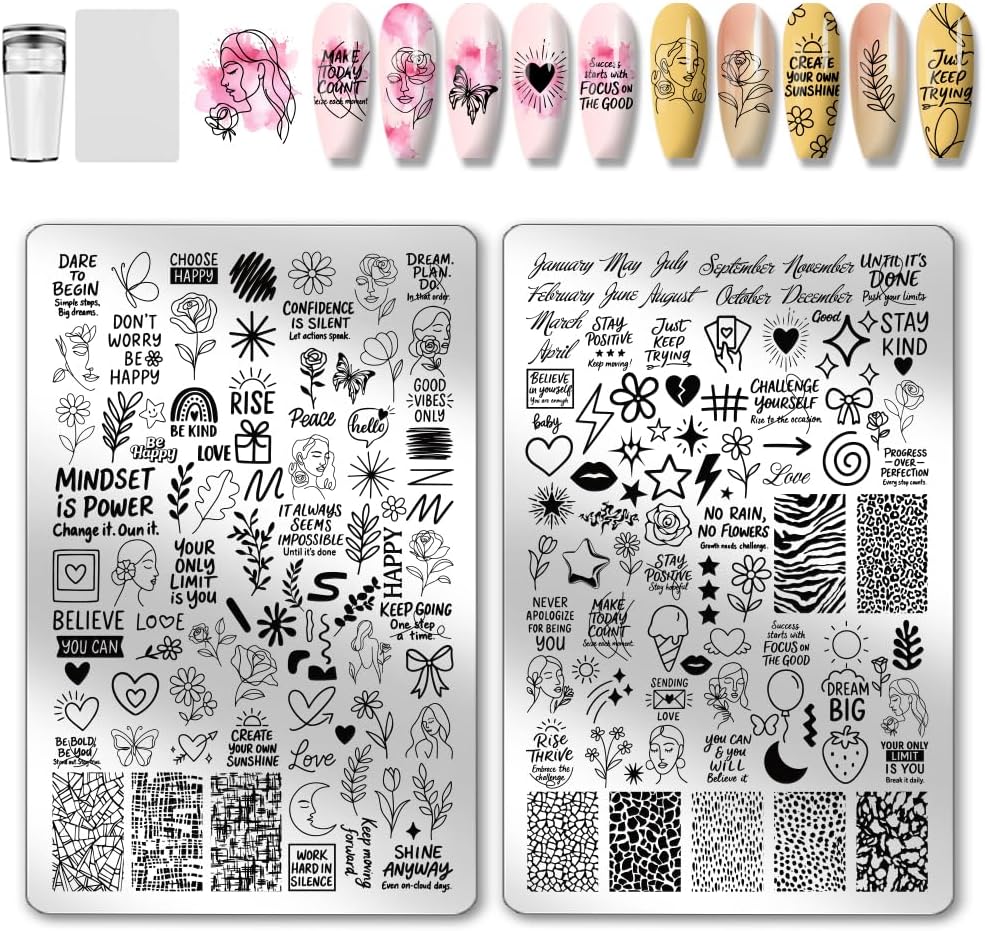 PH PandaHall 2pcs Abstract Lady Line Nail Stamp Plate Handwritten Phrase Print Art Template Stainless Steel Nail Image Plate Flower Nails Art Stencils for Women DIY Printing, 5.7x3.7 inch