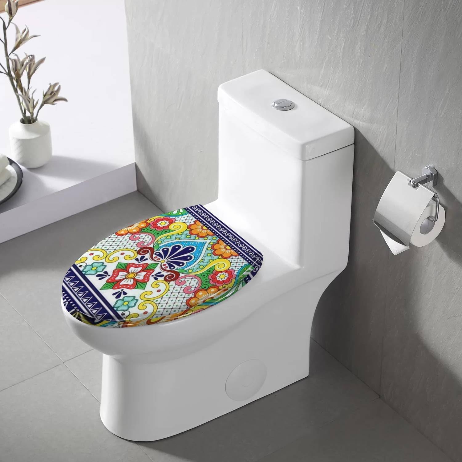 Elongated Toilet Seat Mexican Talavera repetitive by pottery Resin Toilet Seat with Quietly Close Quick Release Hinges Decorative Toilet Seat with Cover Easy to Clean and Install