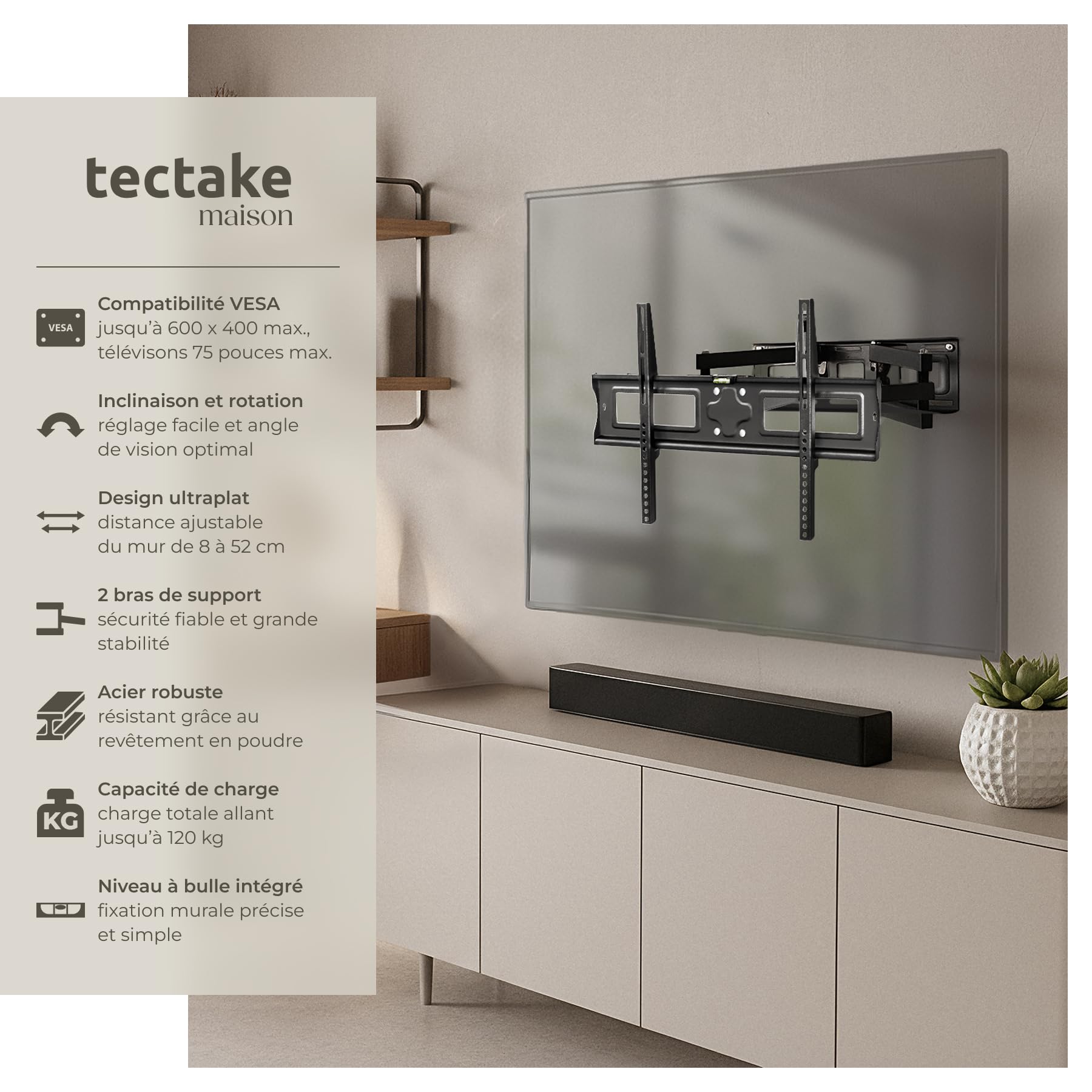 tectake® Support TV mural Téléviseurs 32"-100" (81 à 254cm) Support mural TV inclinable, orientable Accroche Television Mural, VESA max 600x400, Charge max 120kg, Support TV, Écart mur réglable 8-52cm