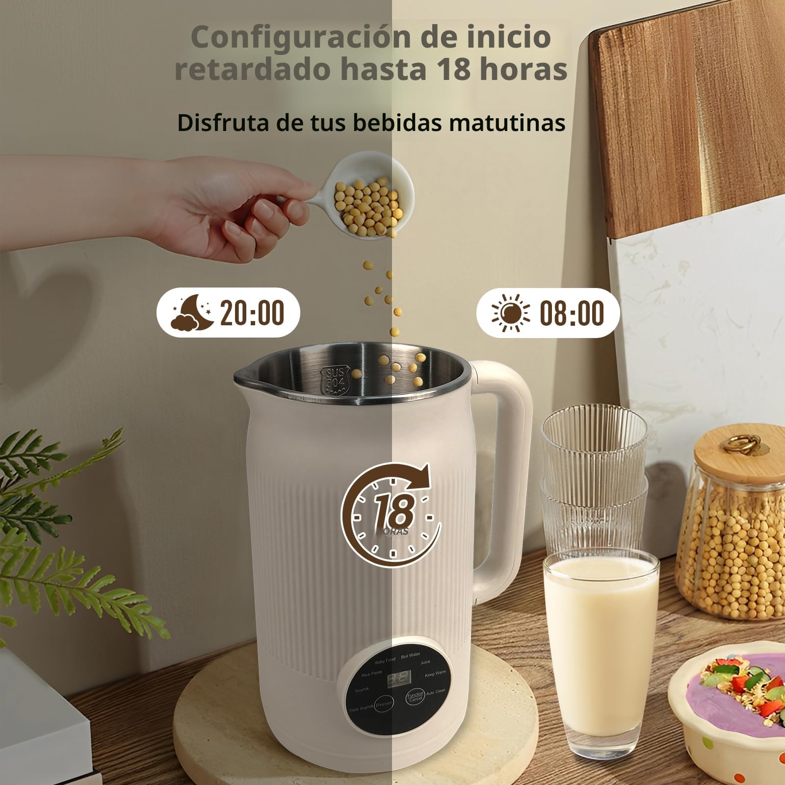 Máquina automática de leche de soja 8 en 1, 1200 ml, máquina de alimentos para bebés con inicio de retraso, mantiene caliente y autolimpiante para leche de almendras, leche de avena, leche de