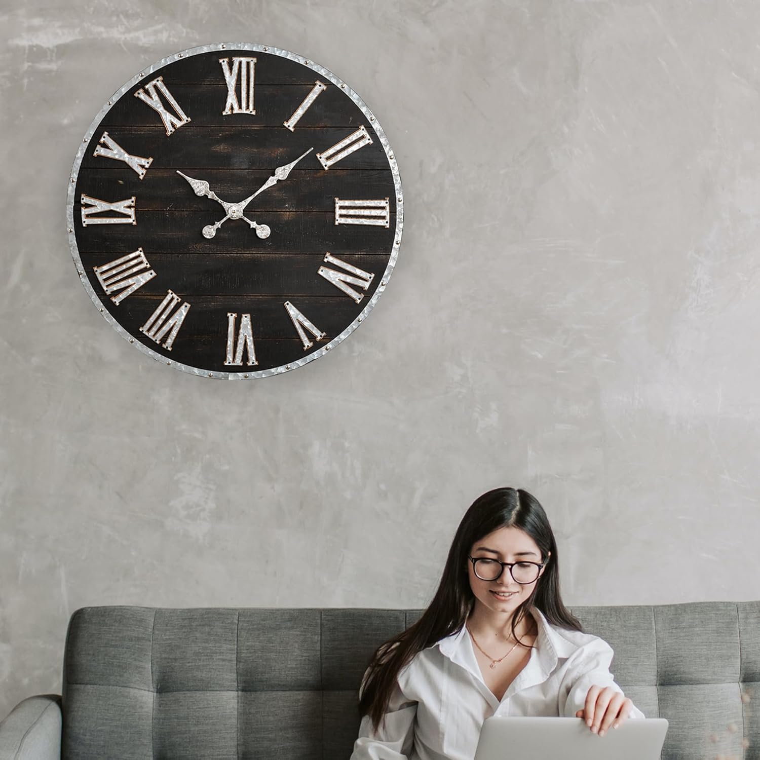 Glitzhome 28 Inch Roman Numeral Wall Clock Farmhouse Huge Black Wall Clock Rustic Wooden Large Black White Wall Clocks for Living Room Entryway Decor Battery Operated Silent Non Ticking Hanging Clock