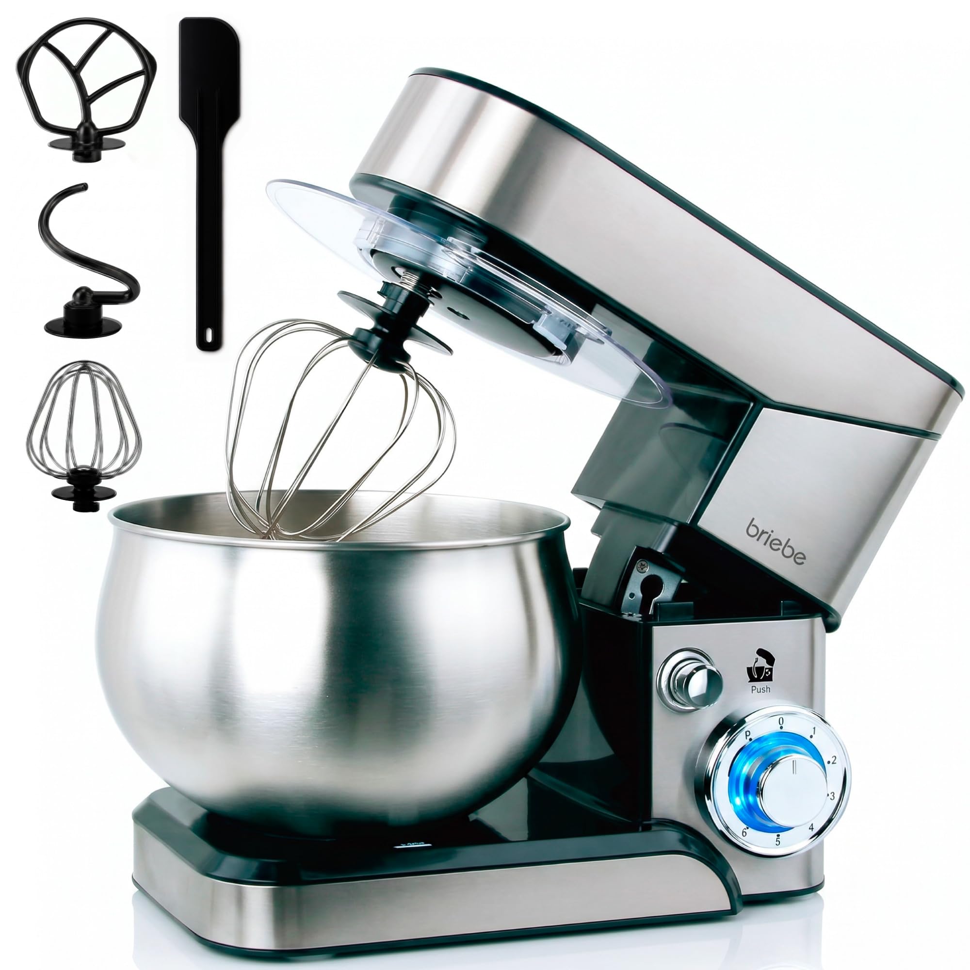 briebe Impastatrice Planetaria Professionale per Pasticceria 1800W MAX, Robot da Cucina Orbitale, Frusta, Gancio Impastatore, Ciotola 5 L, 6 Velocità + Funzione Pulse, Inox KM1114